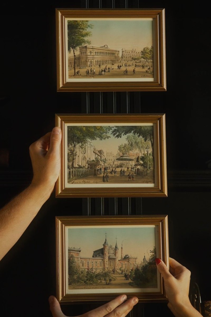 “Vichy & Cusset, 1855” — Set of Three French Spa-Town Views Bearing the Signature of Louis Moullin, with Thermal Architecture, Garden Promenades & Period Figures, in Matching Gold-Finished Frames