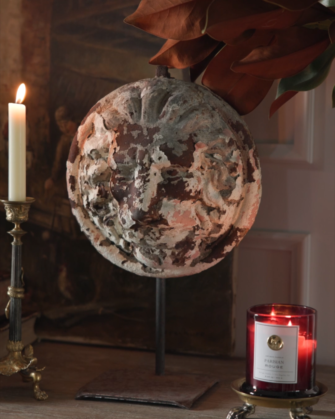 19th Century European Painted Architectural Fragment Roundel Lion on Cast Iron Stand