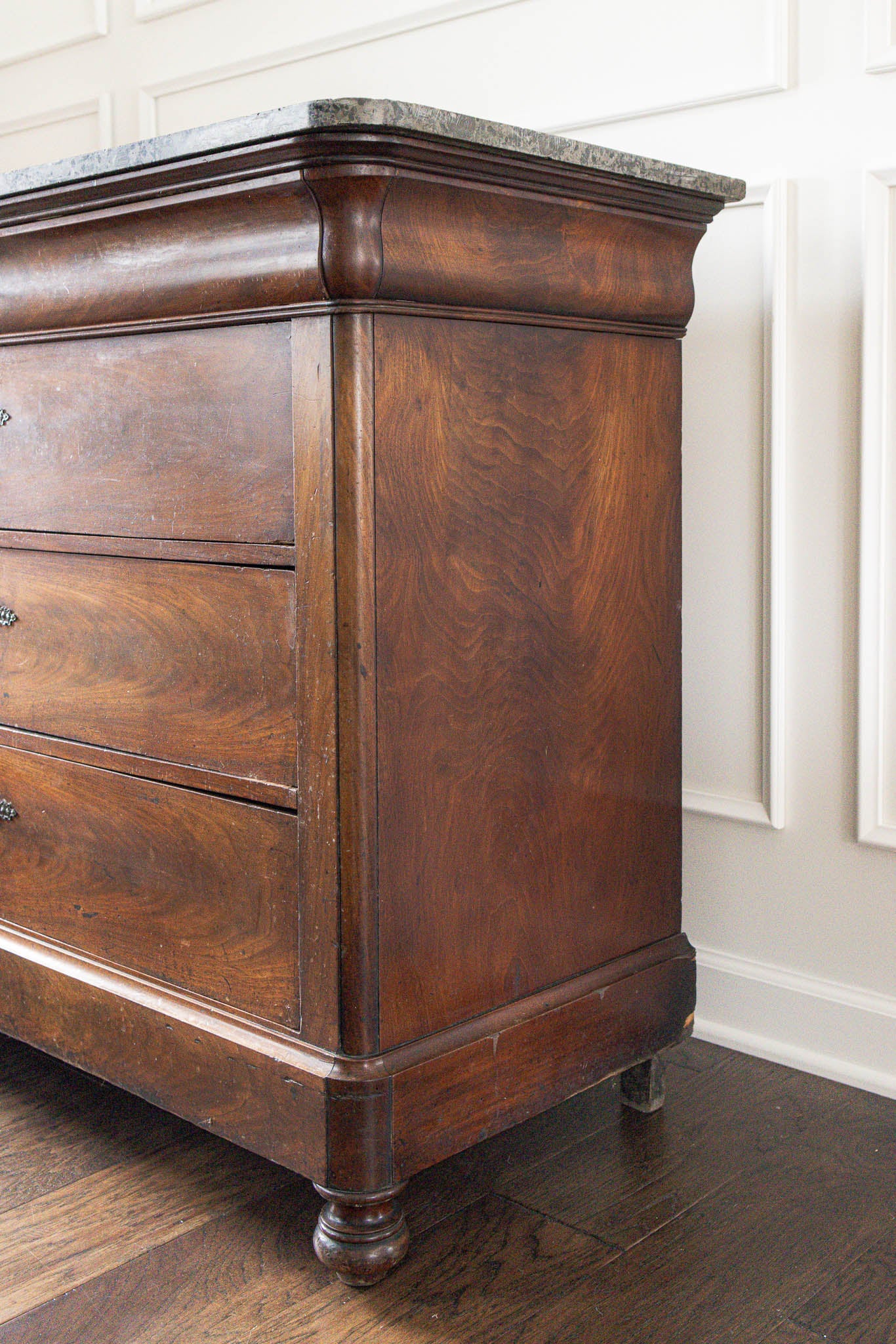 19th Century Black Marble Top Mahogany Commode with Ornate Bronze Detail