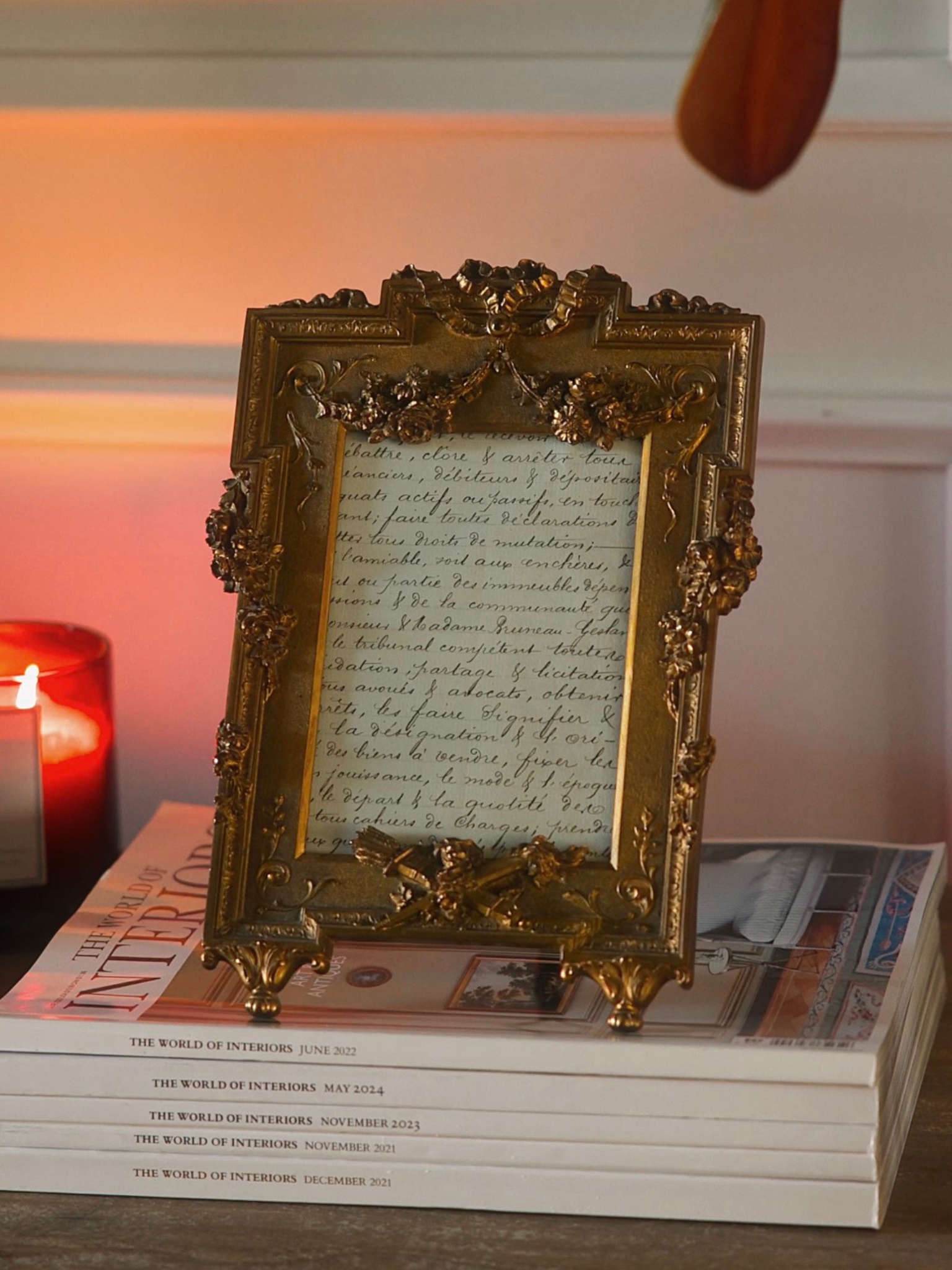 Late 19th-Century French Gilt Bronze Standing Frame With Antique Manuscript Backing