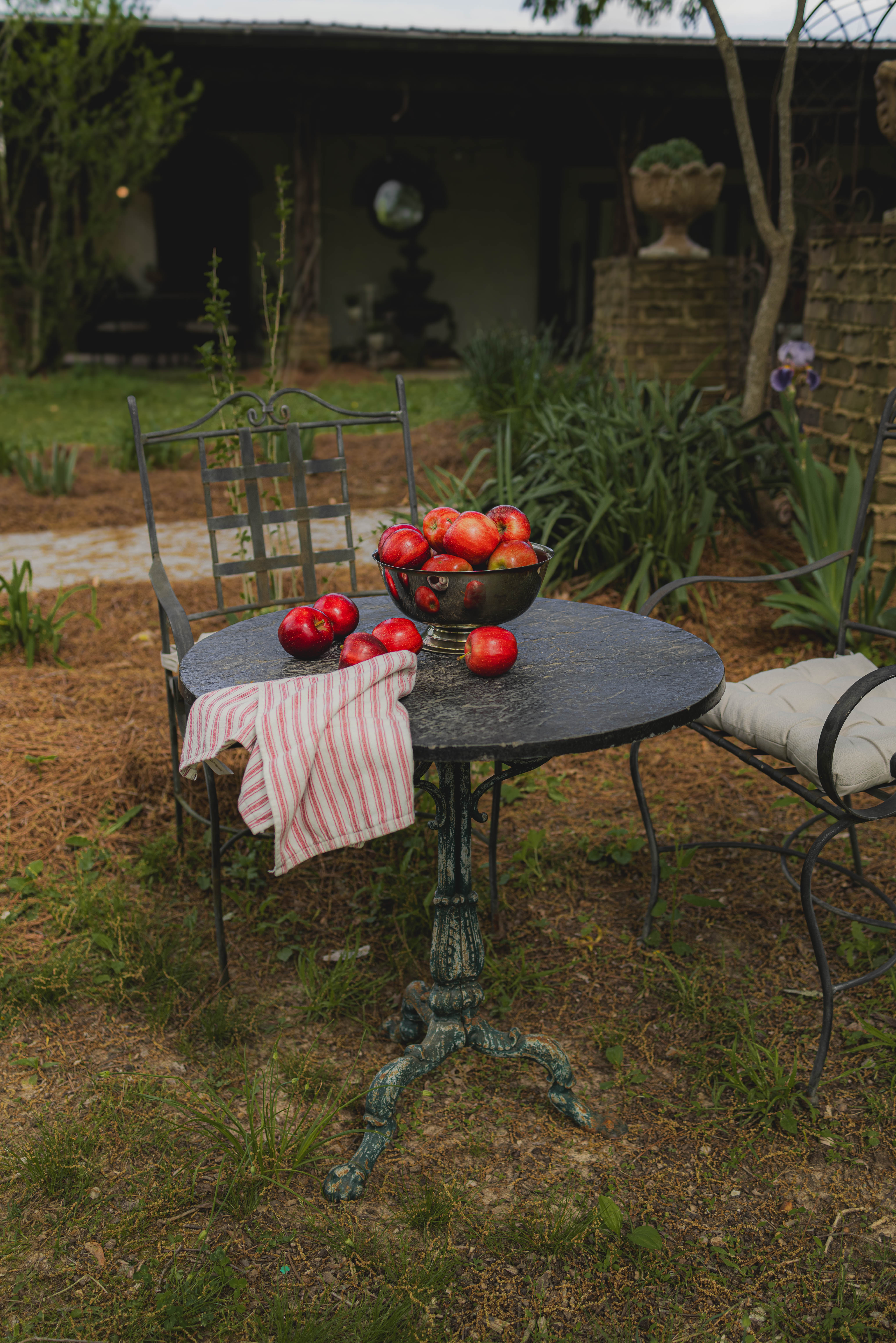 19th Century French Blue Iron Stone Outdoor Table with Wrought Iron Base