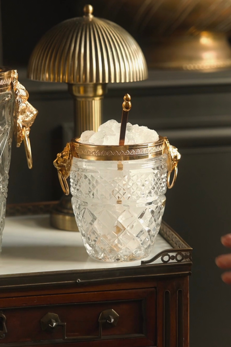 French Belle Époque Cut Crystal Ice Bucket with Gilt Lion Head Ring Handles & Original Serving Spoon | Circa 1900–1920