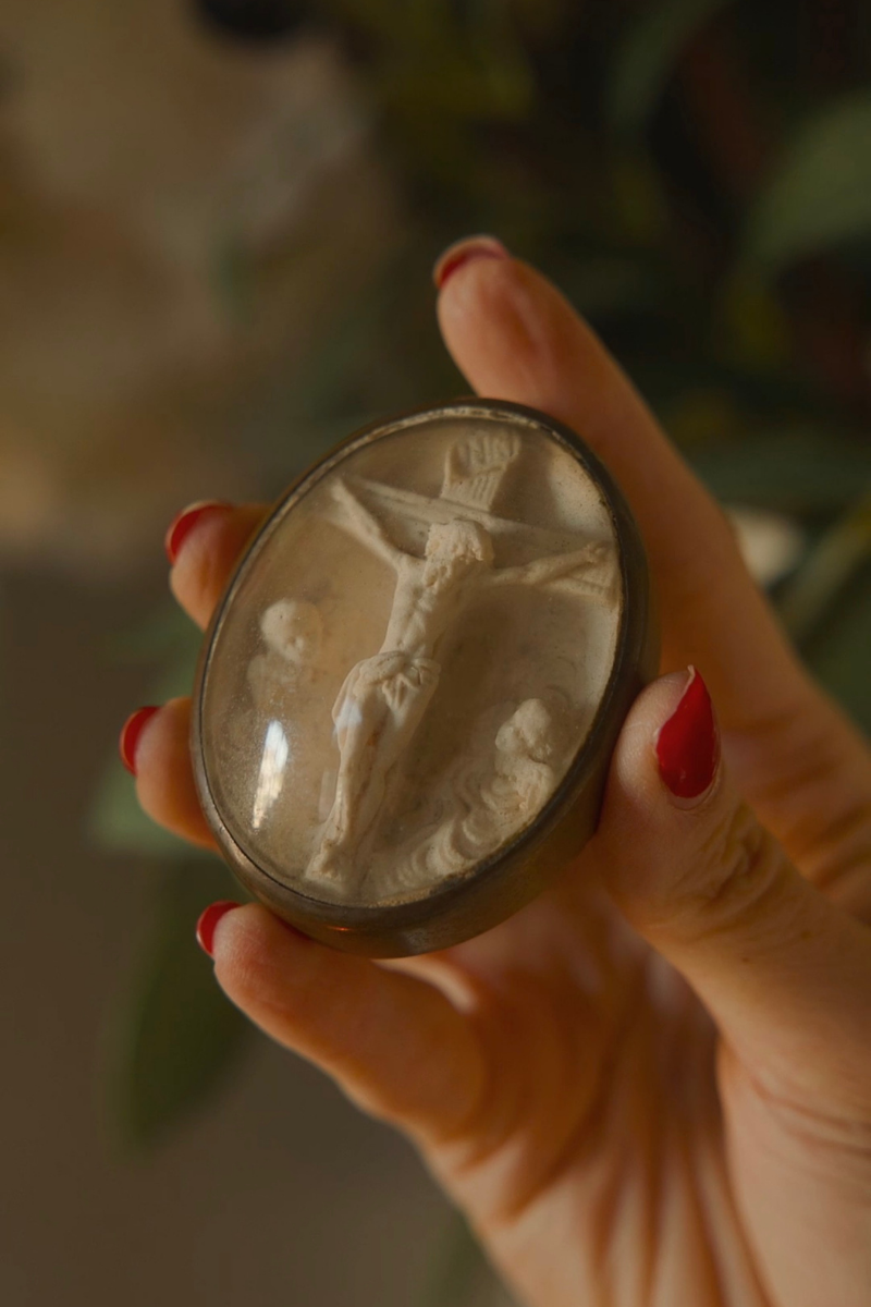 19th-Century Crucifixion Devotional Relief under Convex Glass