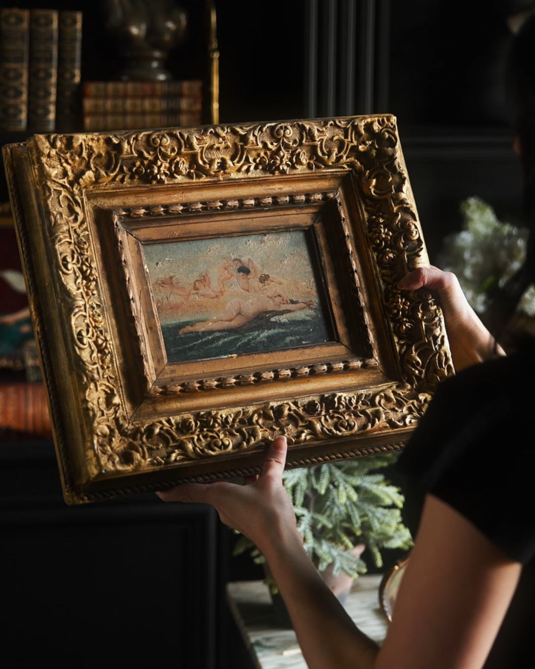 Small Mythological Nude Oil Painting in Gilt Wood Frame — Late 19th Ce
