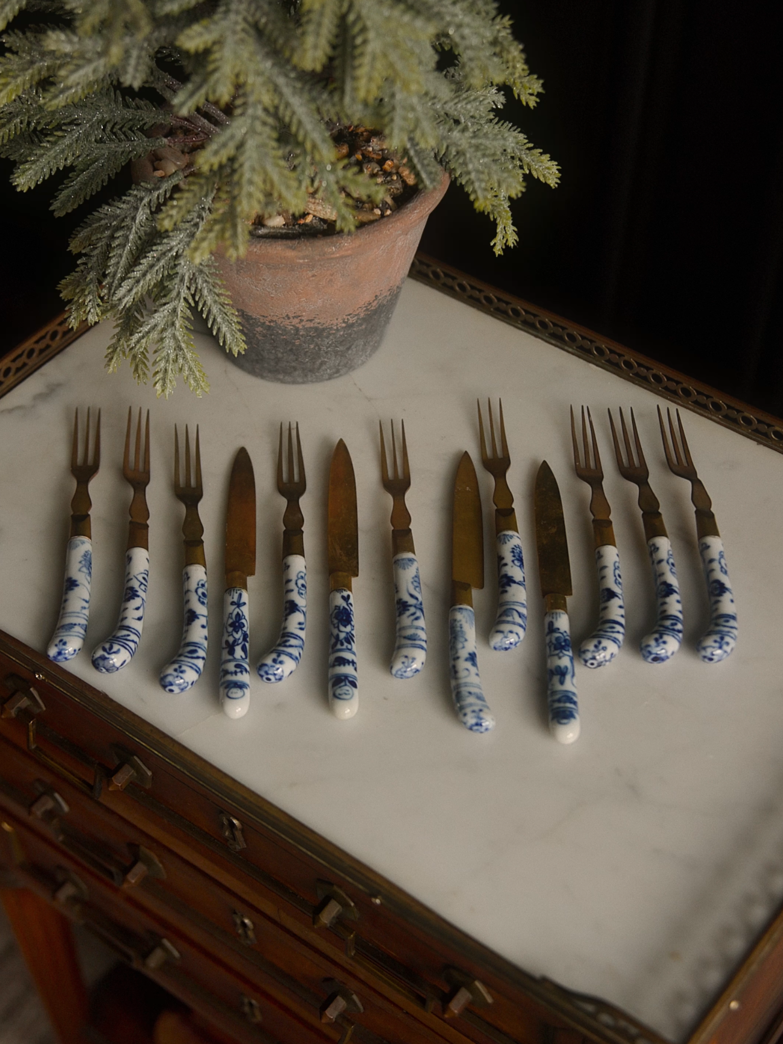19th Century Delft Style Porcelain & Brass Hors d'Oeuvre Set of 9