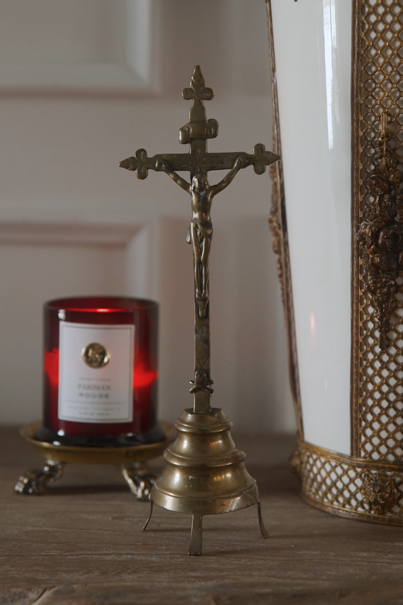 19th-Century French Brass Standing Crucifix on Tripod Base