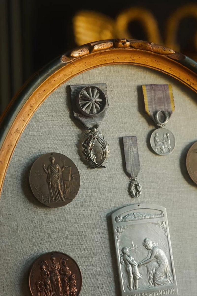 French République Française Medal & Ribboned Award Collection with “Pupilles de la Nation” Plaquette in an Oval Gold & Green Frame