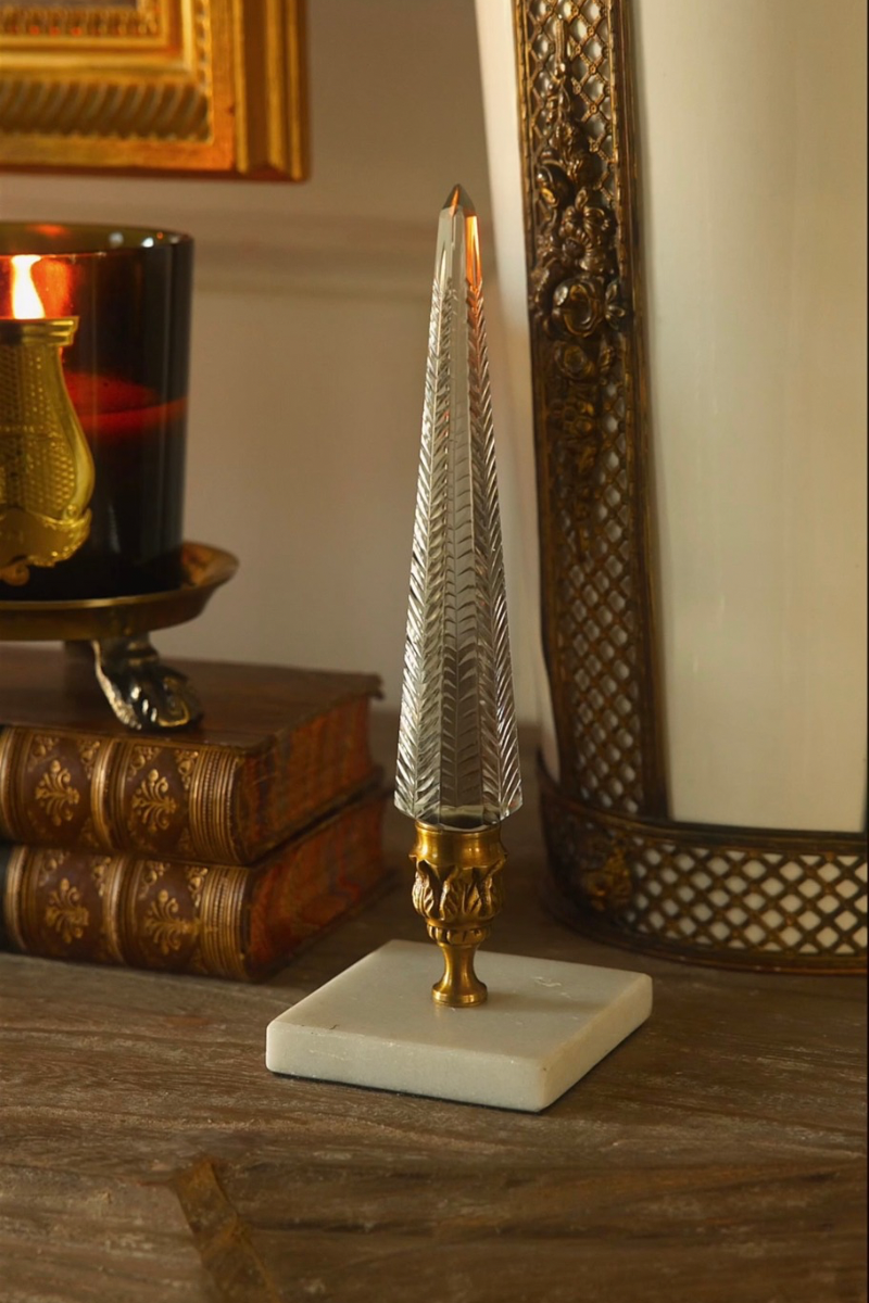 French Cut Crystal Obelisk on Marble & Gilt Bronze Base