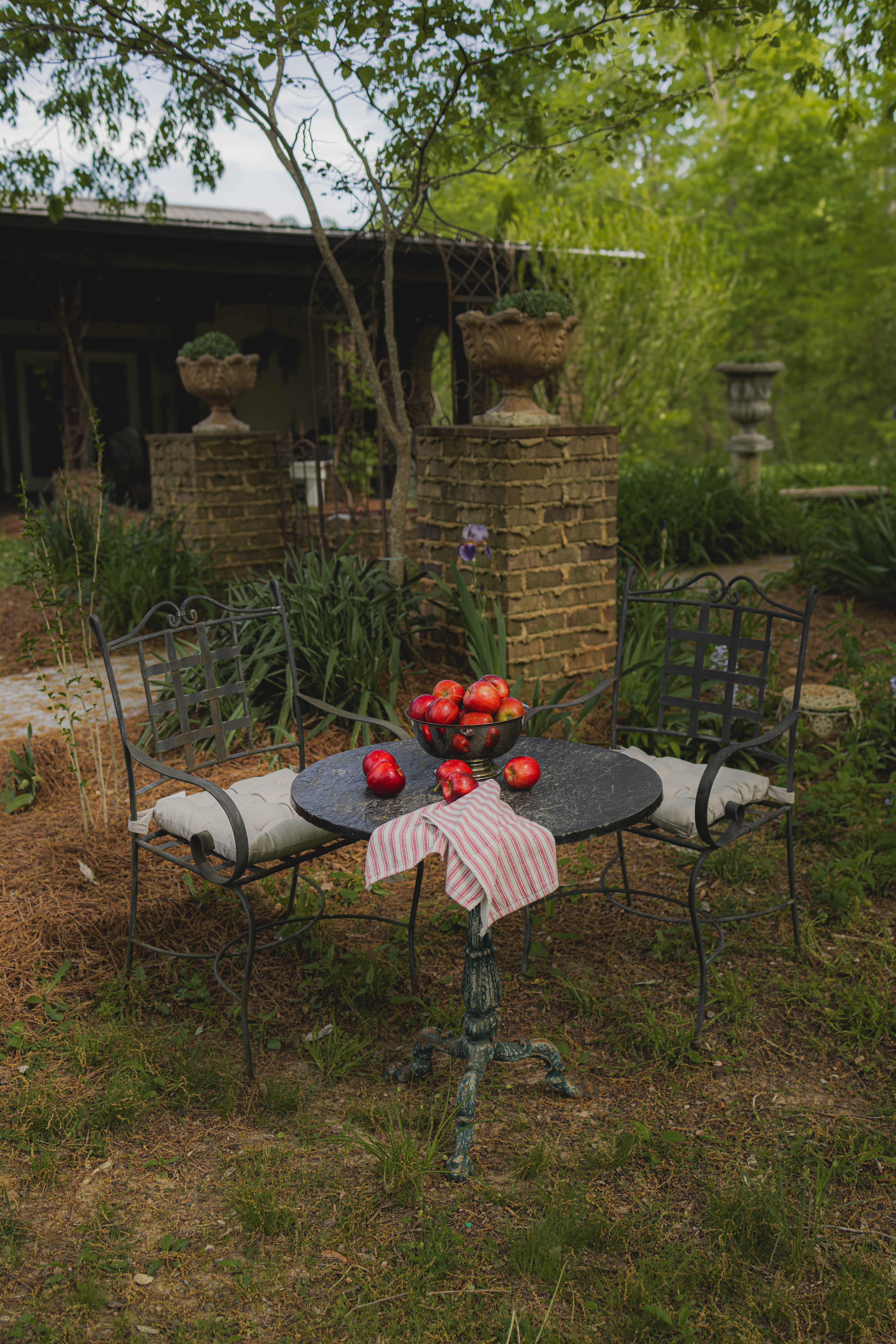 19th Century French Blue Iron Stone Outdoor Table with Wrought Iron Base