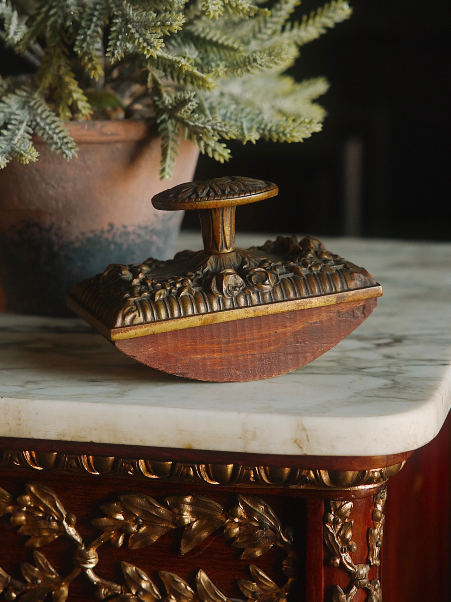Antique French Gilt Bronze Blotter With Wooden Base