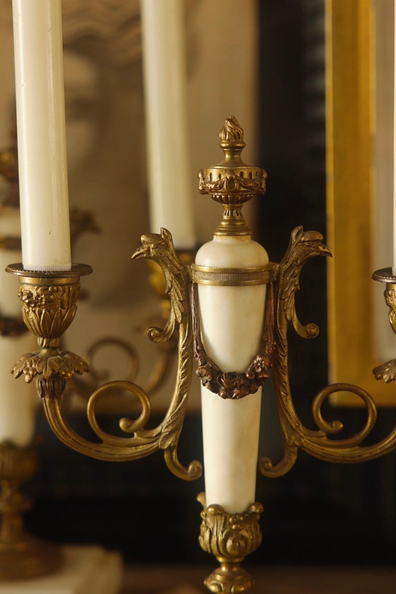 Pair of 19th Century French Louis XVI Style Gilt Bronze & Marble Candelabra