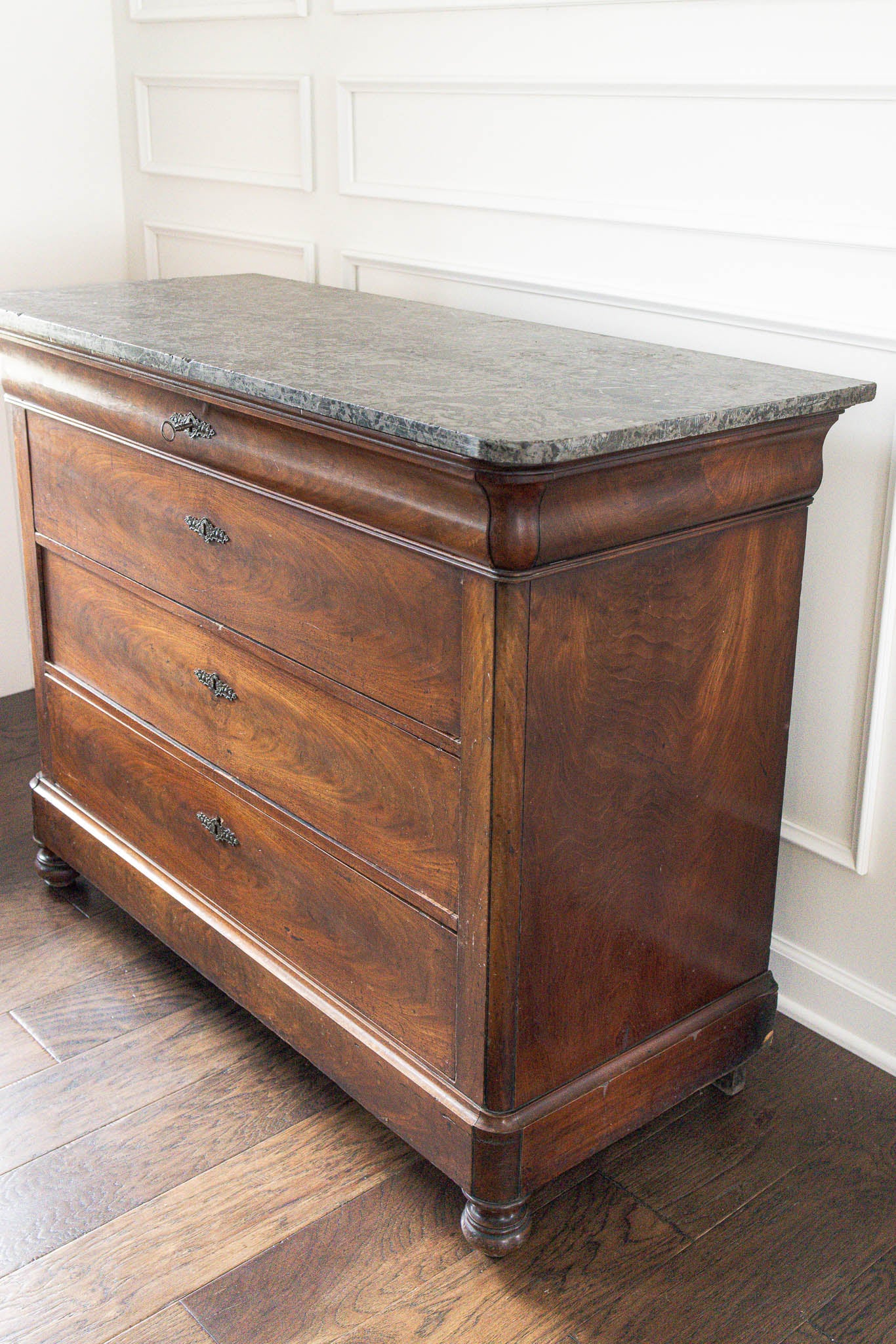 19th Century Black Marble Top Mahogany Commode with Ornate Bronze Detail