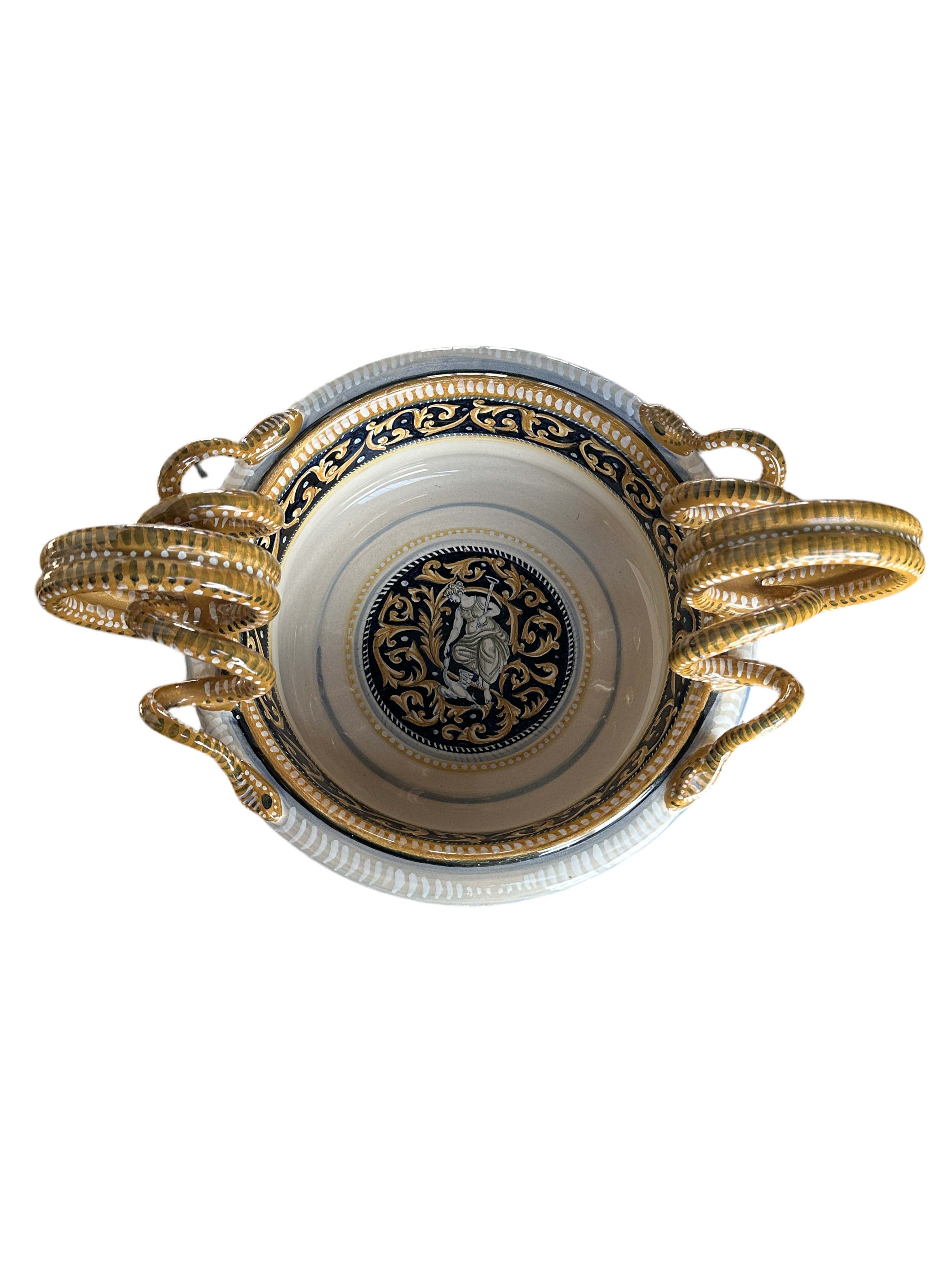 Hand Painted Blue Majolica Serpentine Handled Bowl - Deruta Italy - Signed Michela Cavallini