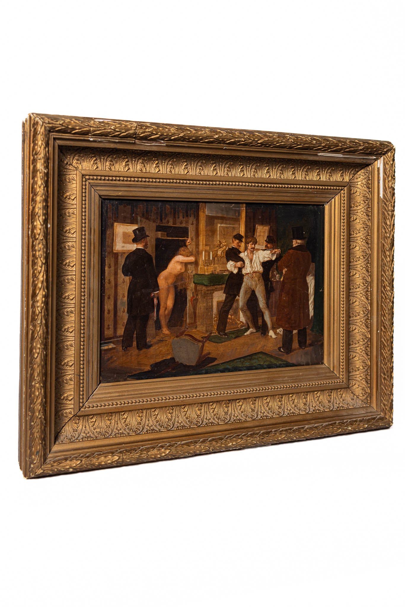 19th Century Scene Depicting a Tavern Brawl - Oil on Wood in Gilt Wood Frame