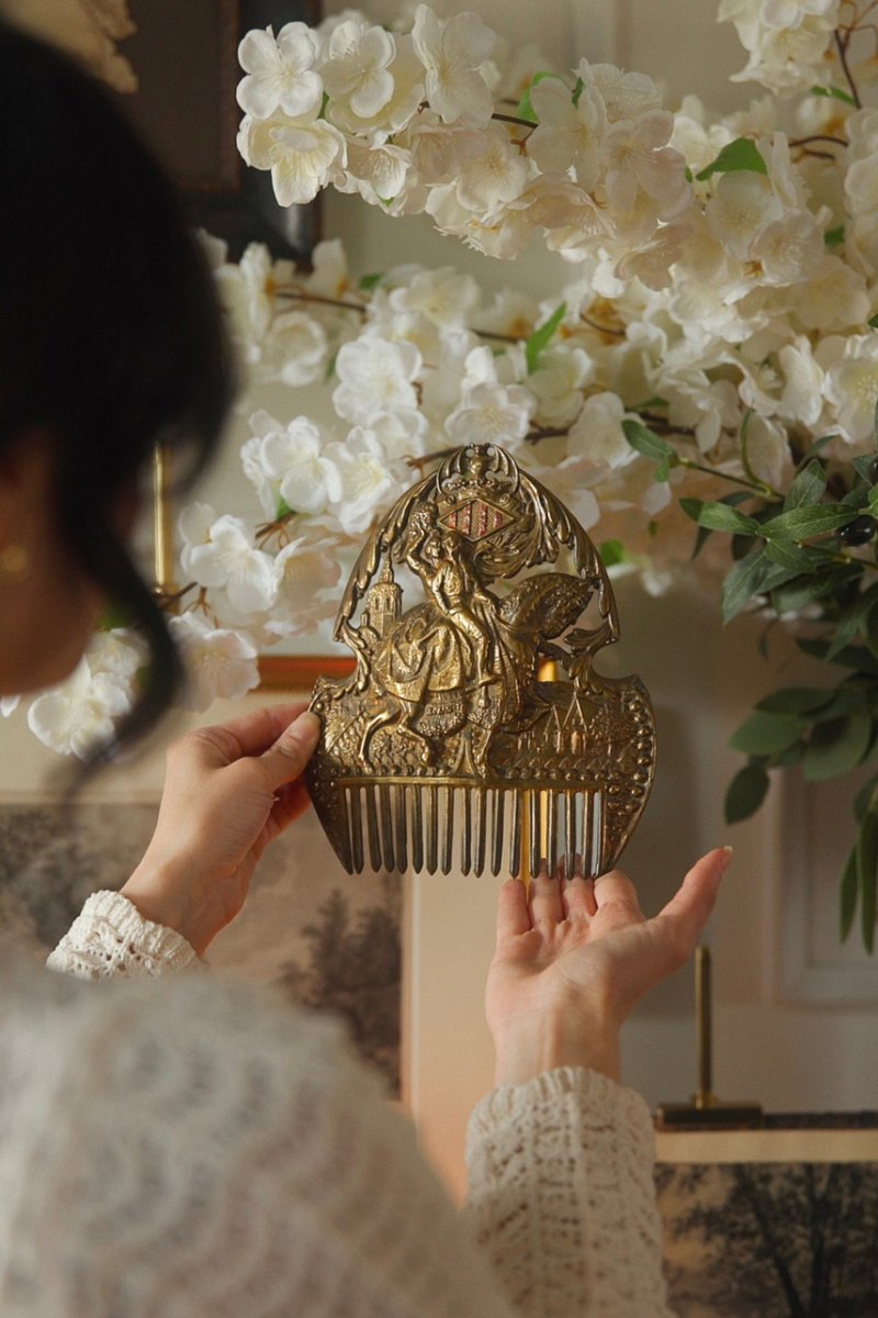 19th Century French Figural Brass Comb with Equestrian Scene