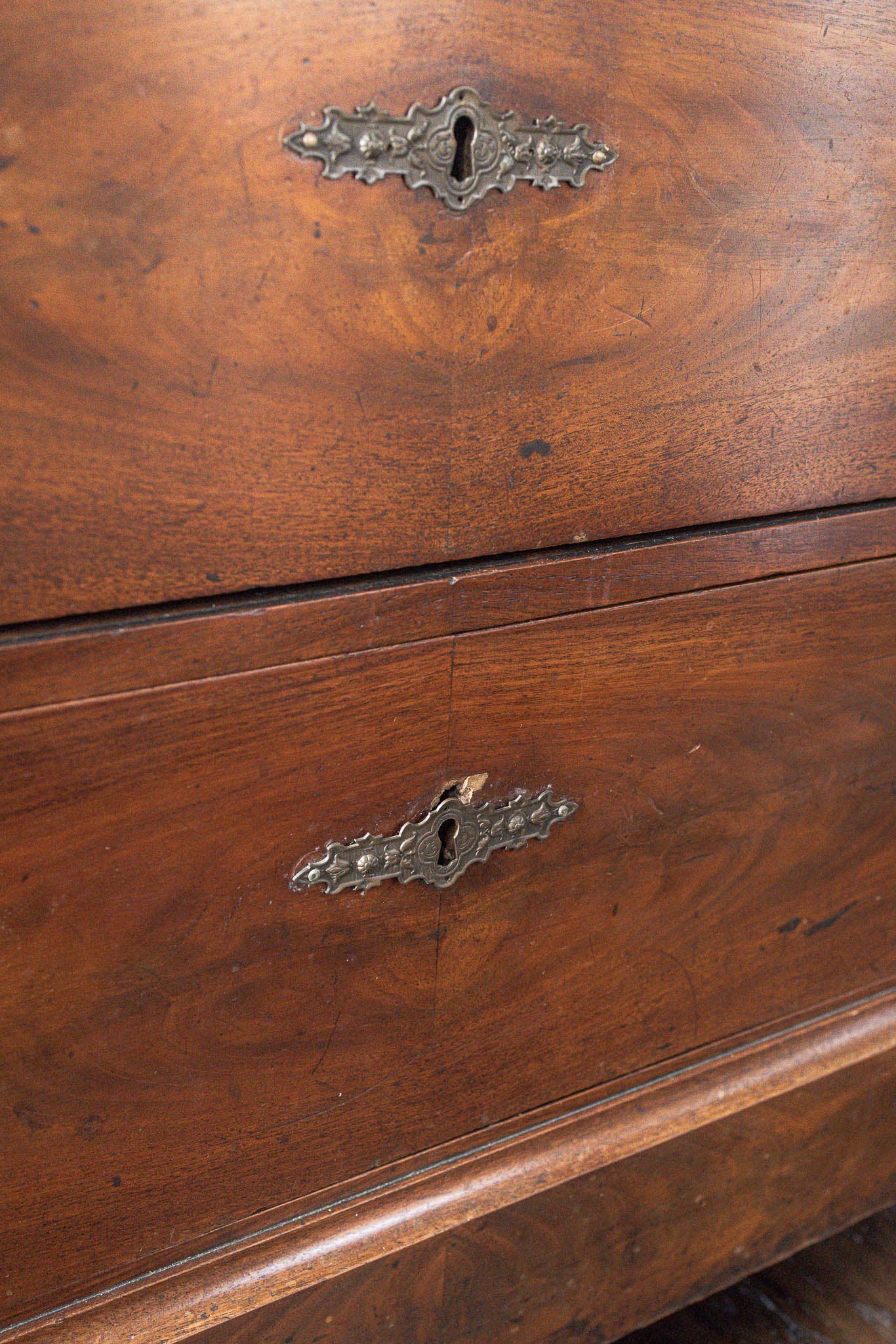 19th Century Black Marble Top Mahogany Commode with Ornate Bronze Detail