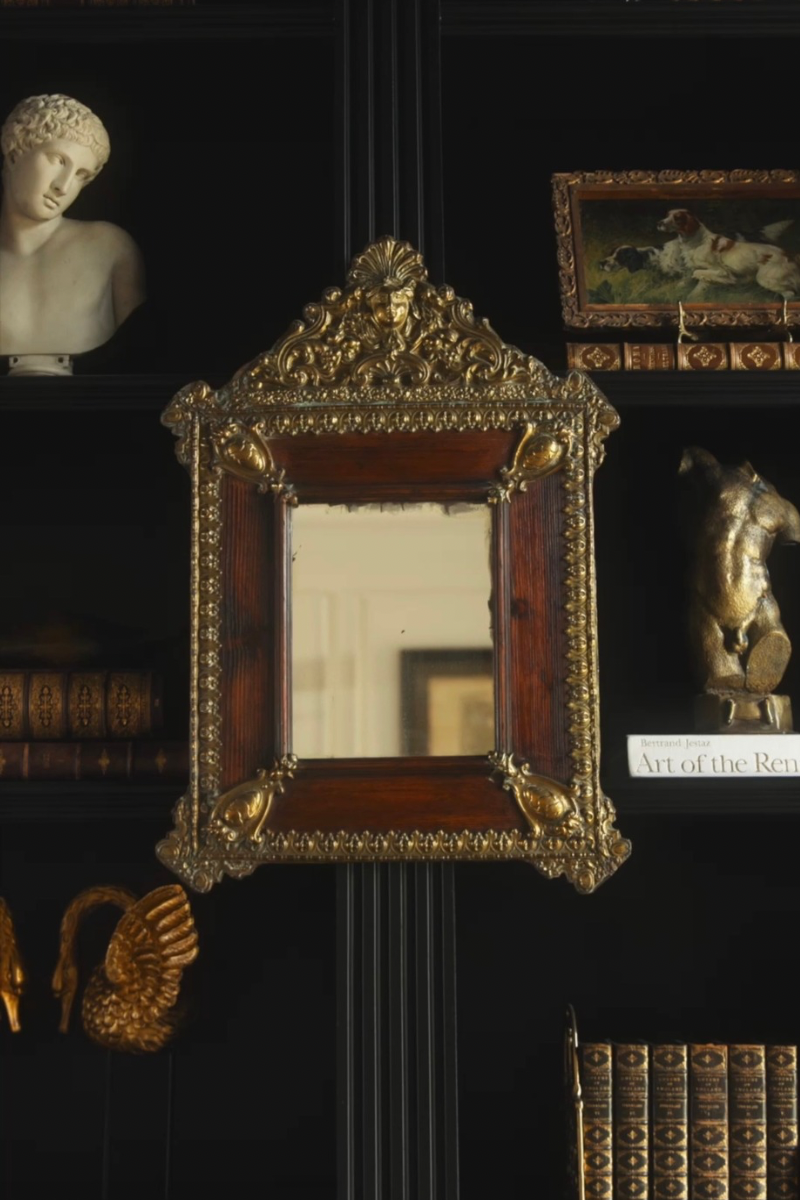 Napoleon III Period French Parcel-Gilt Mirror with Bronze Mounts and Crest Pediment