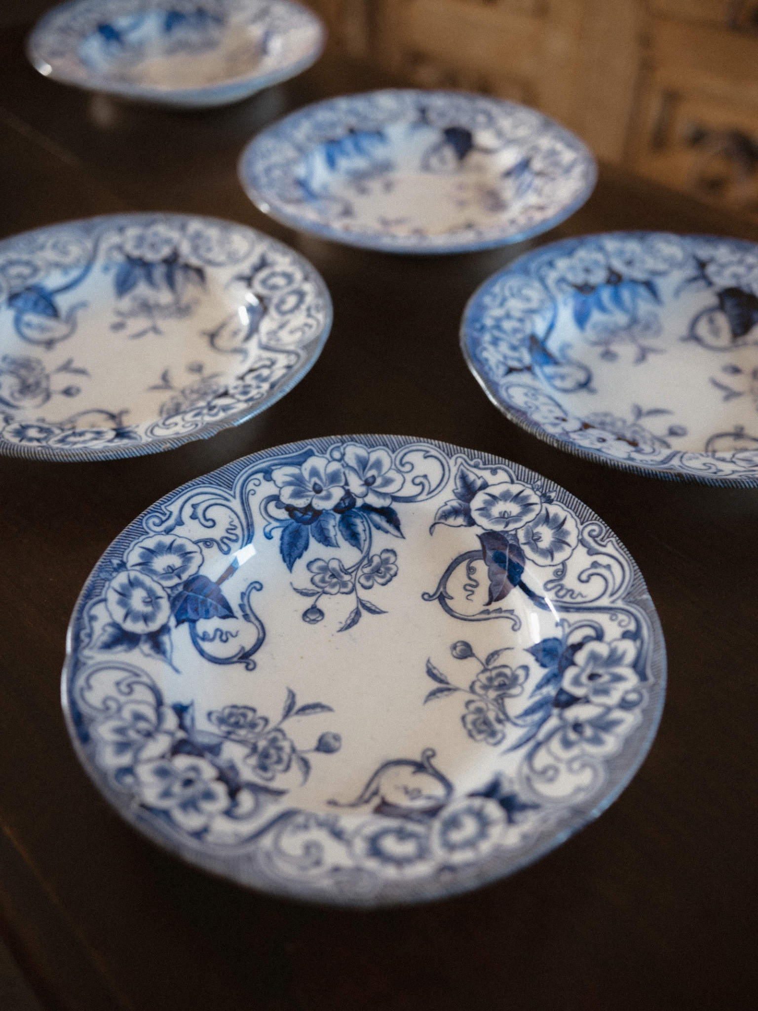 Set of 6 Petrus Regout “Flora” Blue & White Plates with Matching Compote