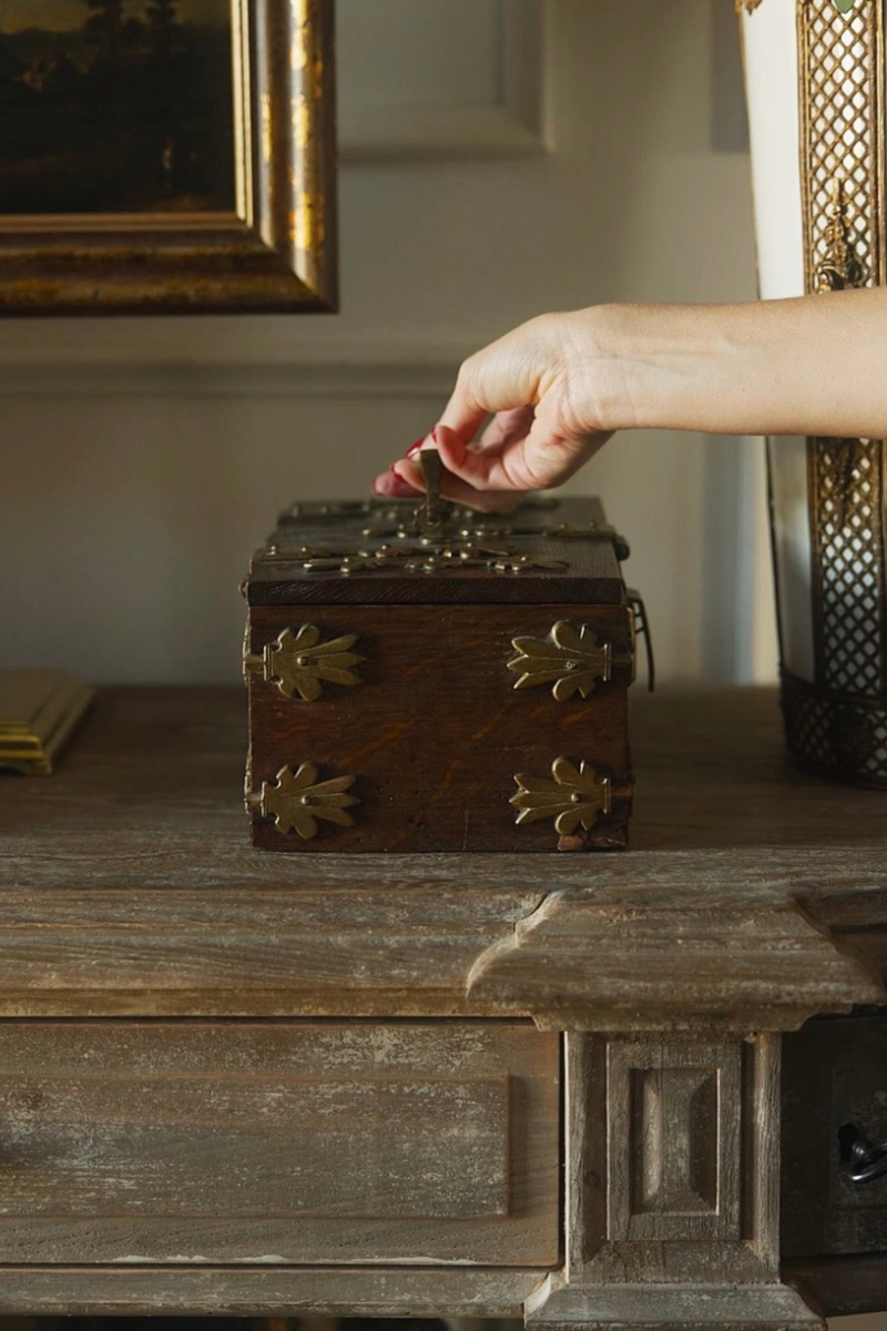 19th-Century Gothic Revival Wood Casket with Ornamental Metalwork