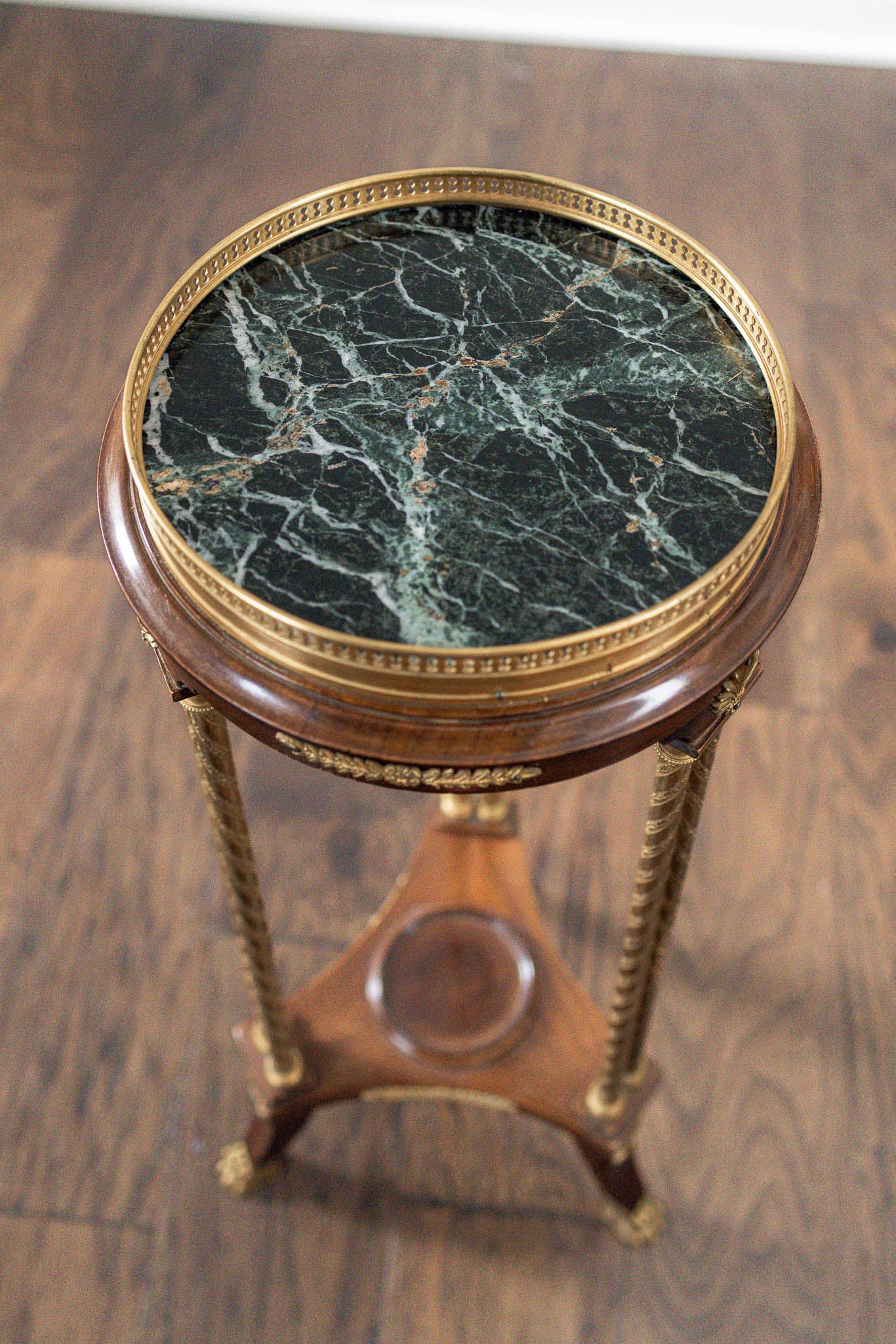 Louis XVI Style Gilt Bronze-Mounted Mahogany Pedestal Table with Green Marble Top