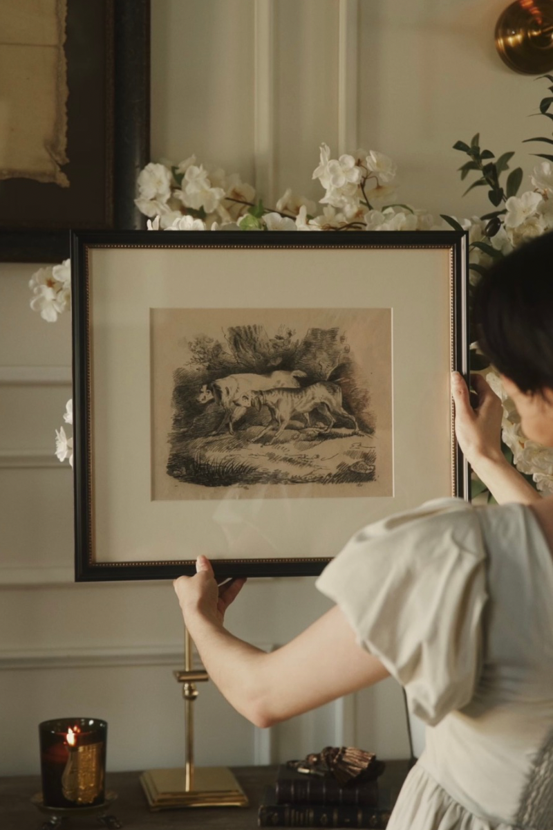 Signed 1831 European Graphite Drawing of Hunting Dogs