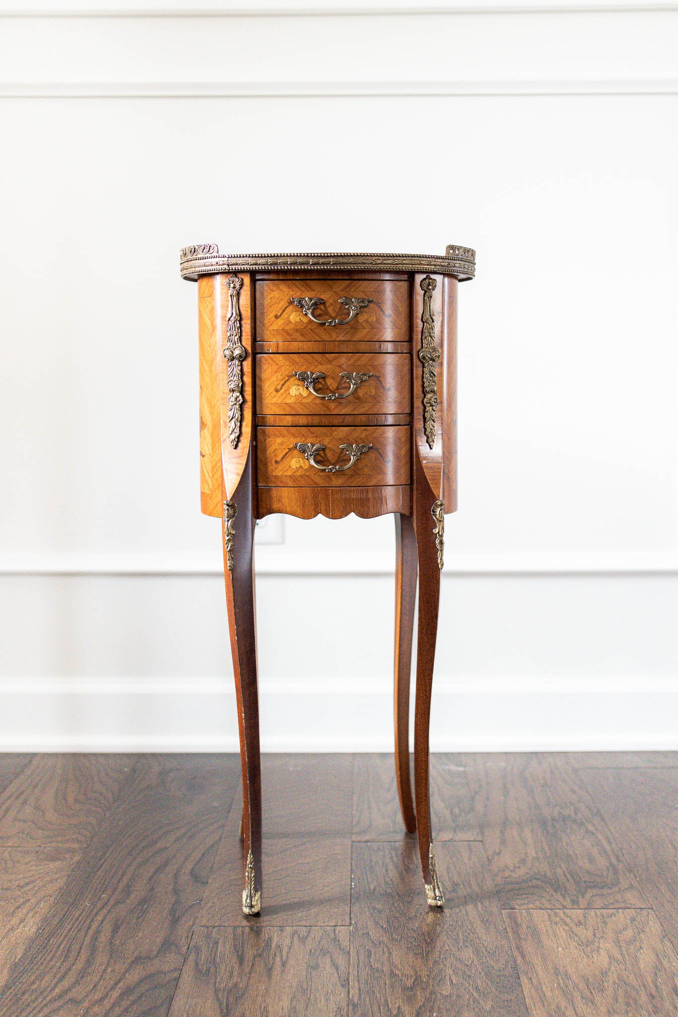 19th Century Louis XV Style Inlaid Side Table Marquetry Side Table with Gilt Bronze Mounts & Three Drawers