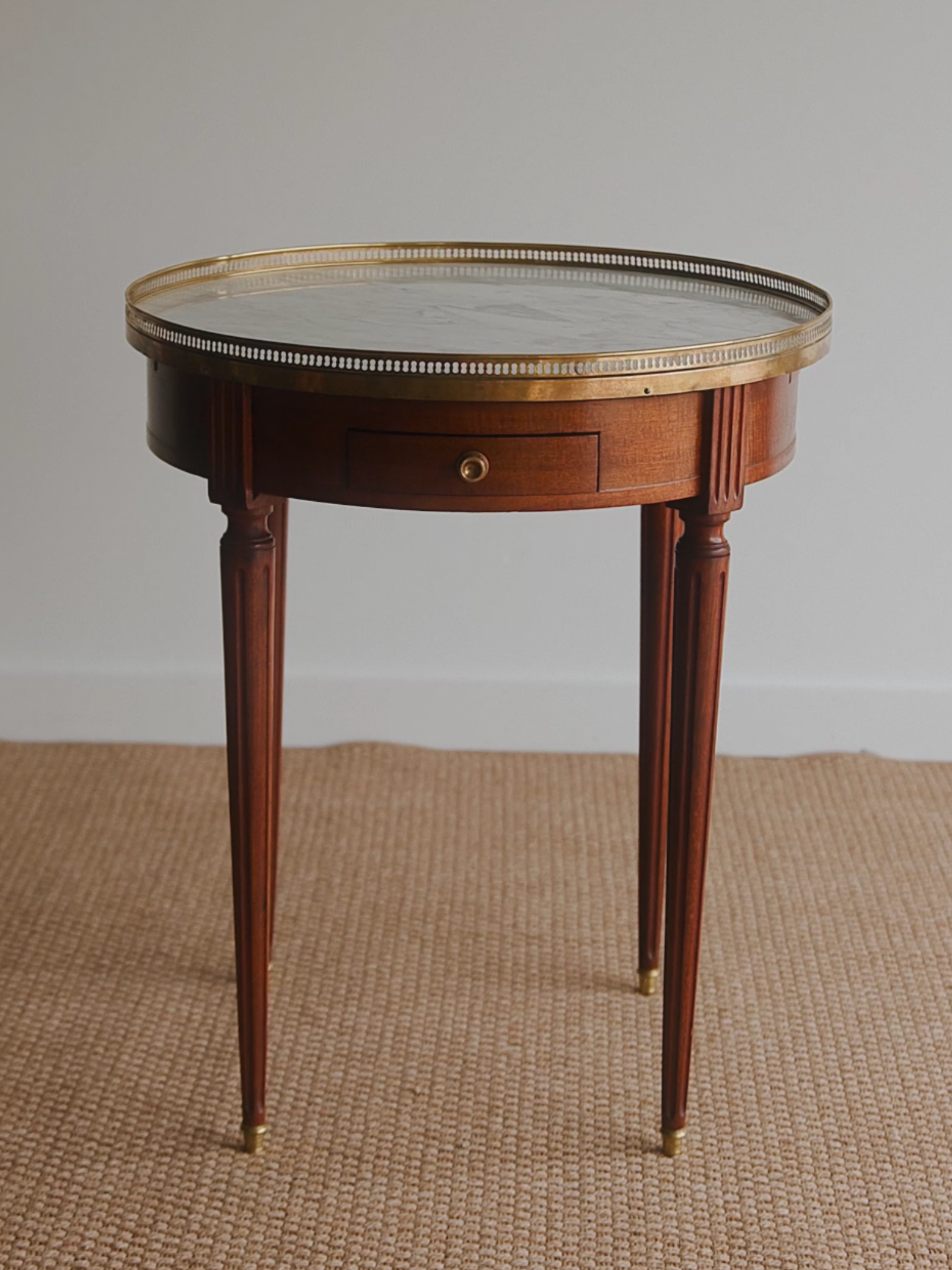 French Louis XVI–Style Bouillotte Table With Marble Top, Brass Gallery & Leather Slide-Outs