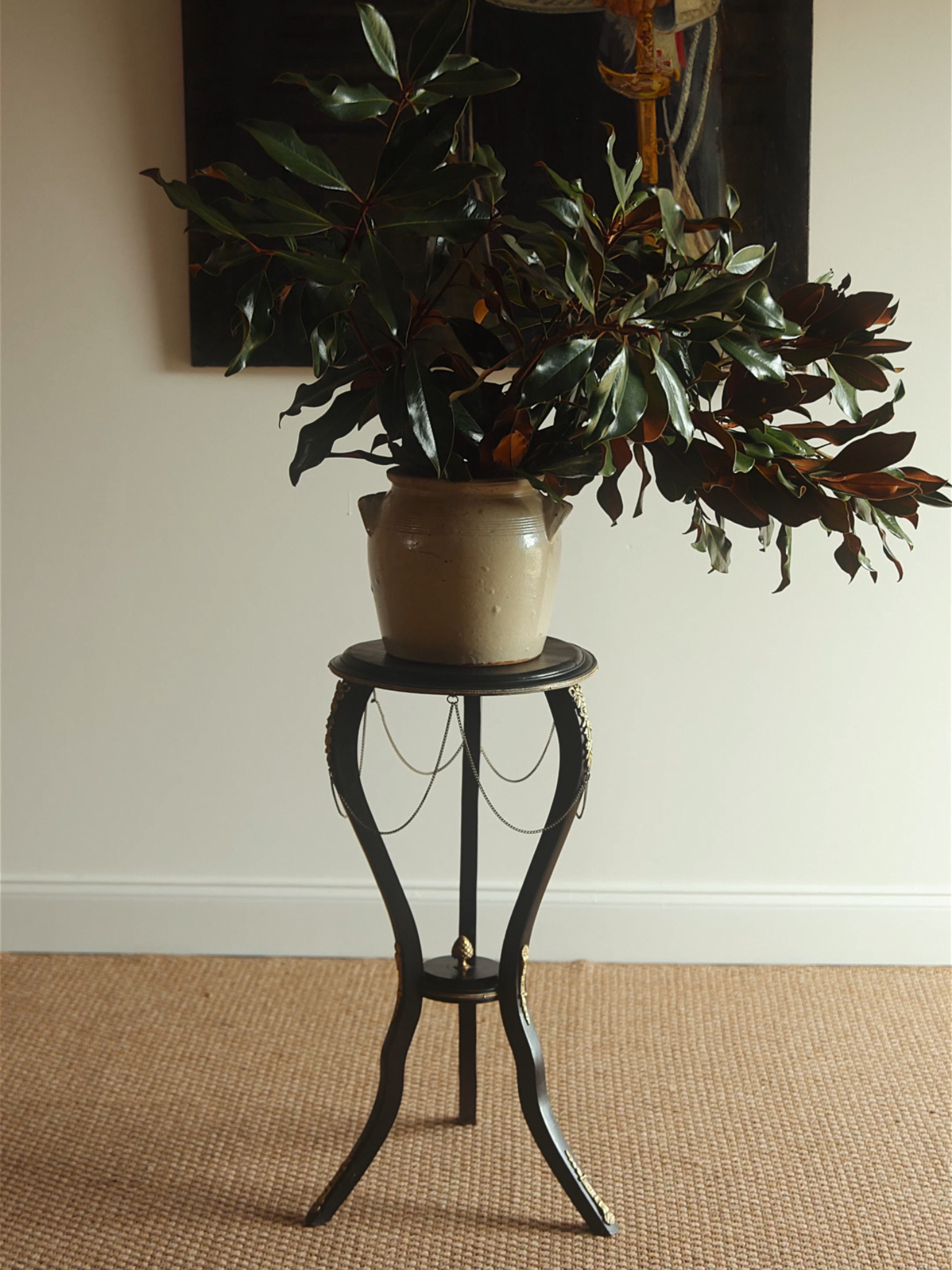 French Empire Revival Ebonized & Ormolu Accent Table with Chain Detail
