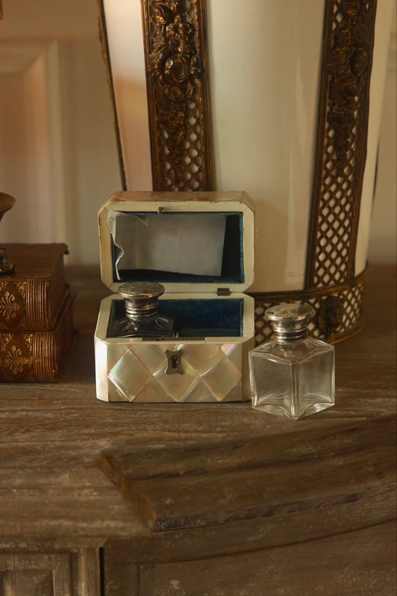 19th Century Mother of Pearl & Sterling Silver Traveling Scent Bottle Casket - 1880