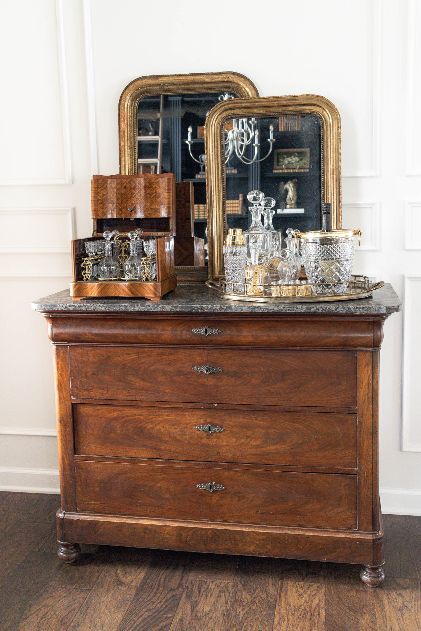 19th Century Black Marble Top Mahogany Commode with Ornate Bronze Detail