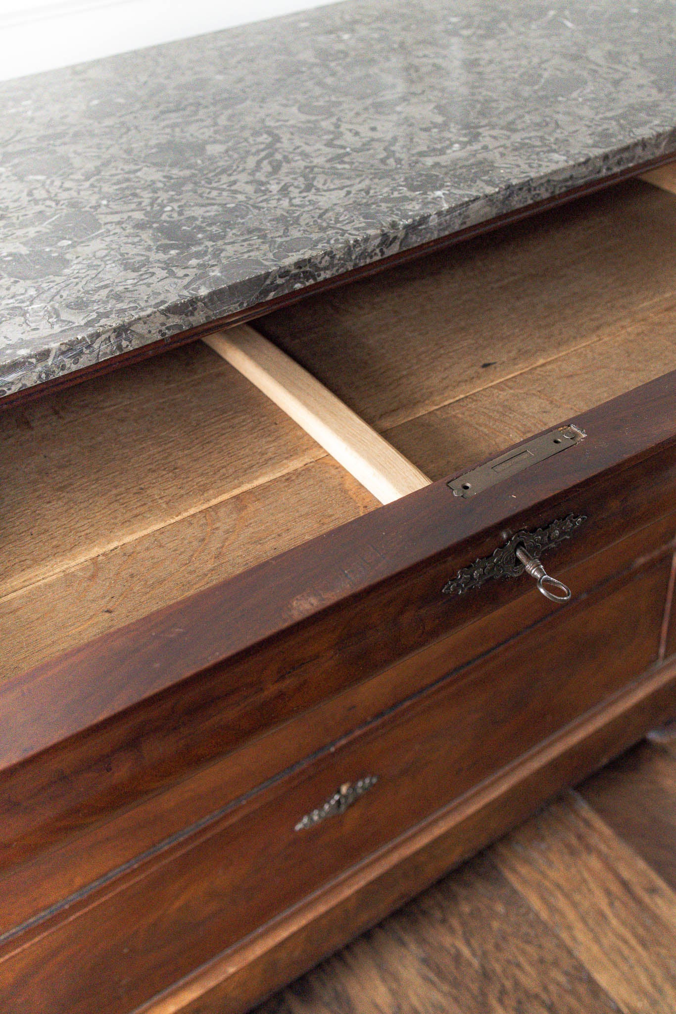 19th Century Black Marble Top Mahogany Commode with Ornate Bronze Detail