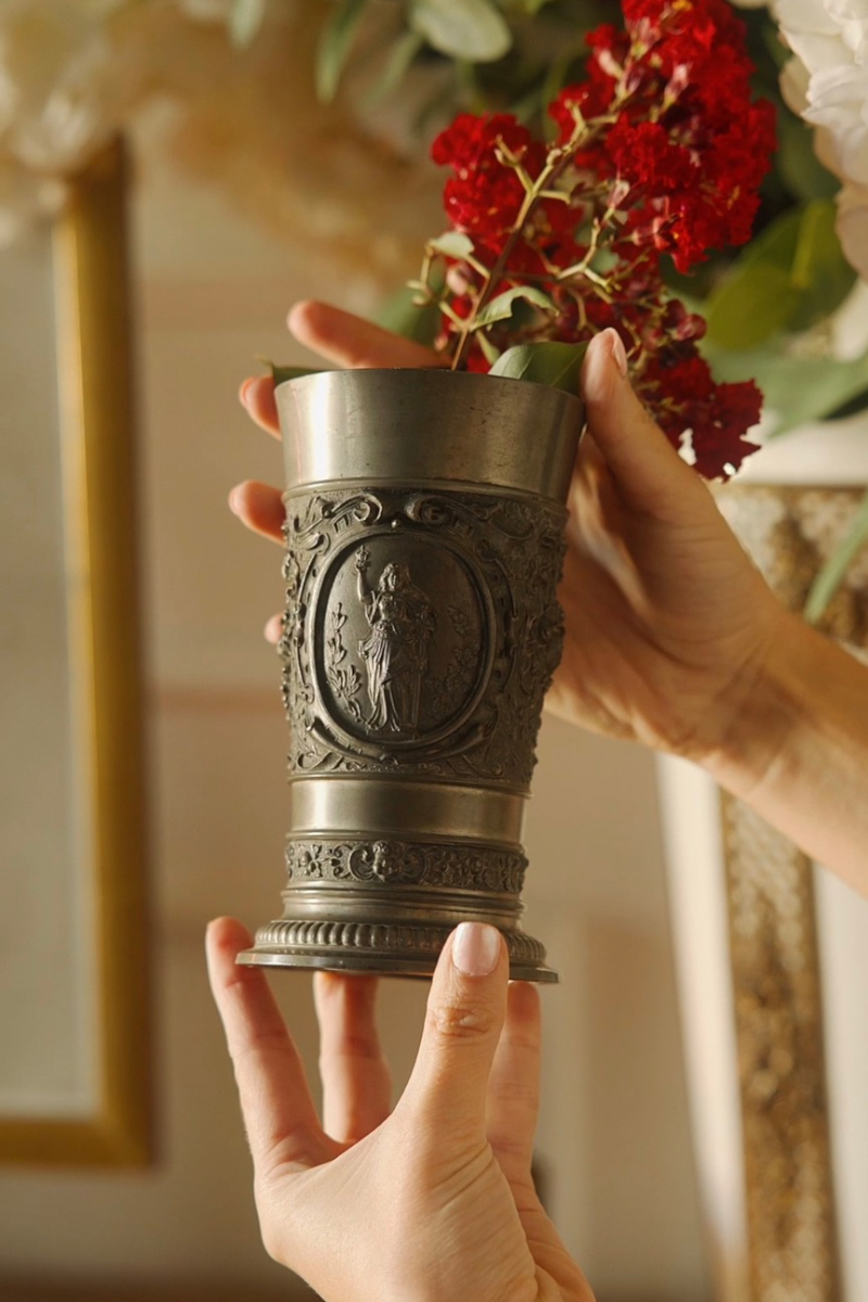 19th C. German Historismus Pewter Portrait Trophy or Commemorative Cup | Marked F. & M. N.