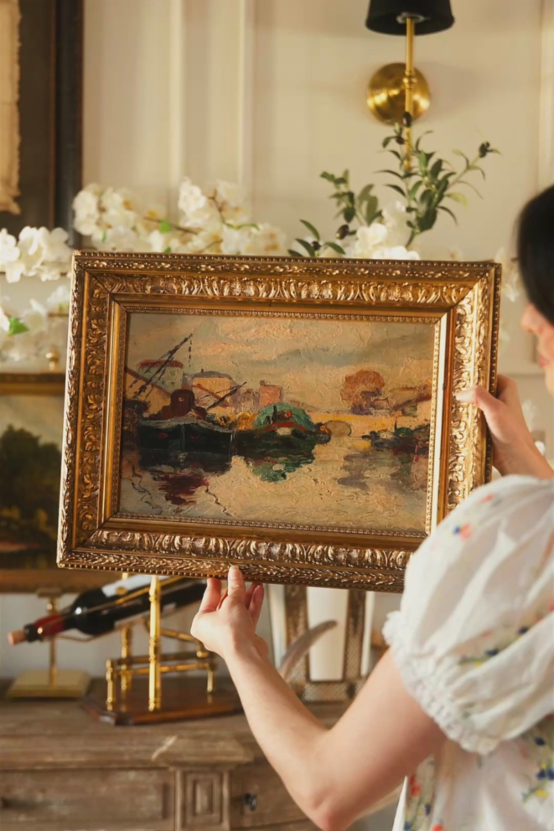 French Impressionist Harbor Scene Oil Painting in Gilt Frame