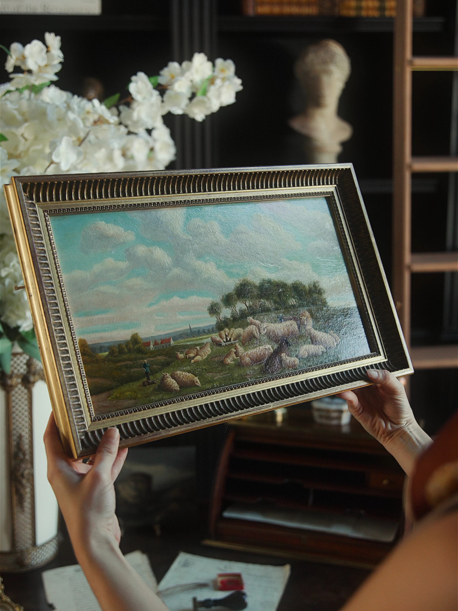 Vintage Pastoral Landscape with Shepherd and Flock