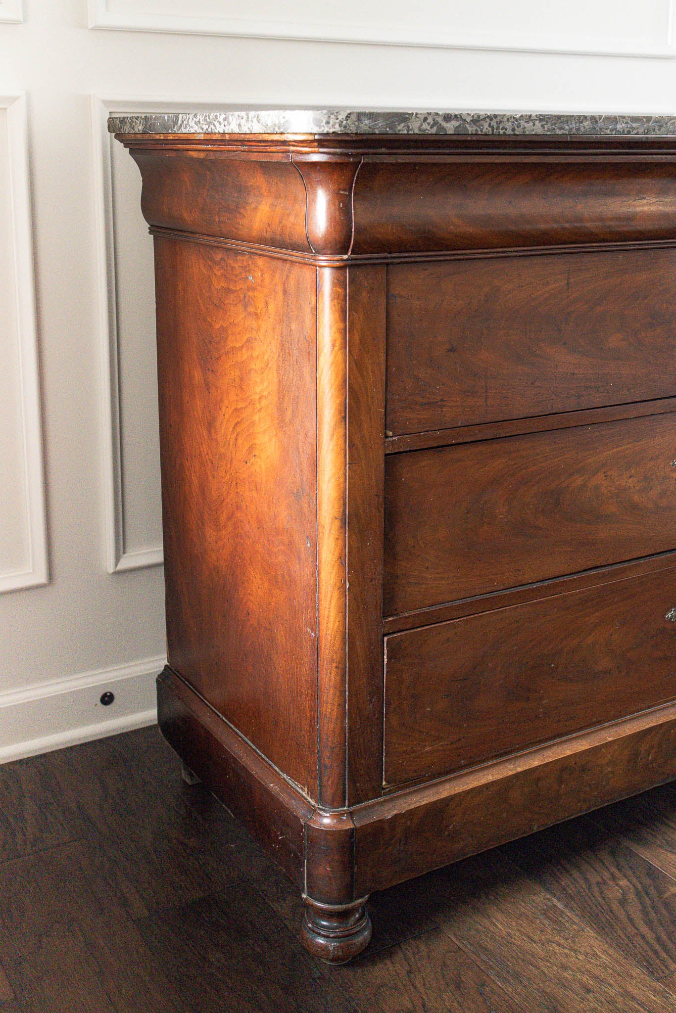 19th Century Black Marble Top Mahogany Commode with Ornate Bronze Detail