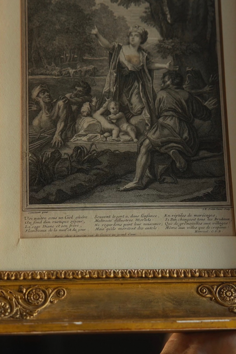 “Latona & the Lycian Peasants” — French Mythological Etching by Jean-Baptiste Scotin after Jean Jouvenet, Published by Joseph Limosin, in an Ornate Gold-Finished Frame