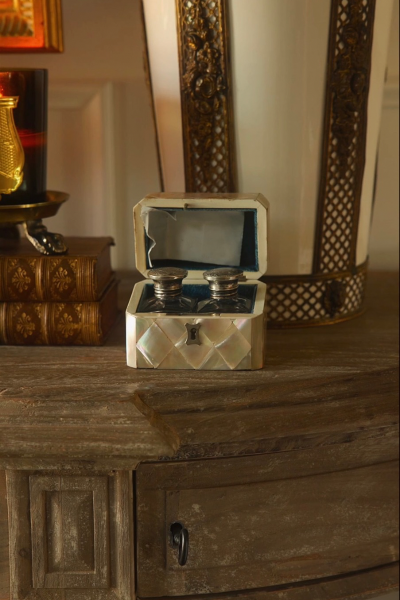 19th Century Mother of Pearl & Sterling Silver Traveling Scent Bottle Casket - 1880