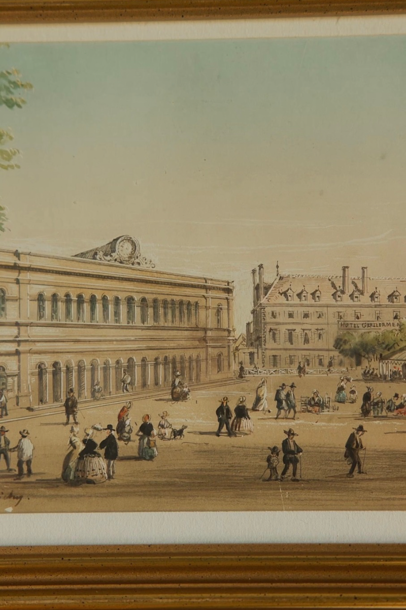 “Vichy & Cusset, 1855” — Set of Three French Spa-Town Views Bearing the Signature of Louis Moullin, with Thermal Architecture, Garden Promenades & Period Figures, in Matching Gold-Finished Frames