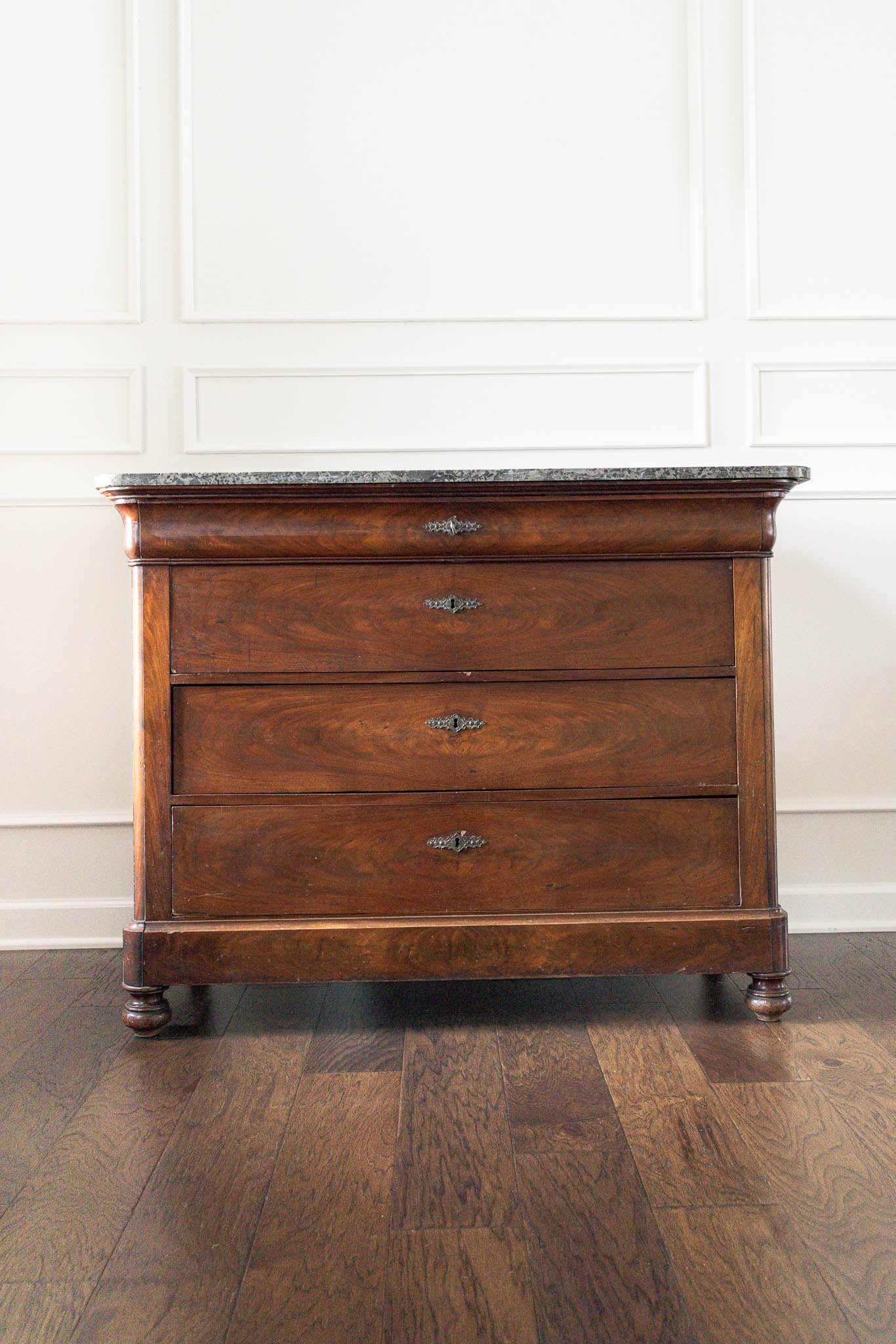 19th Century Black Marble Top Mahogany Commode with Ornate Bronze Detail