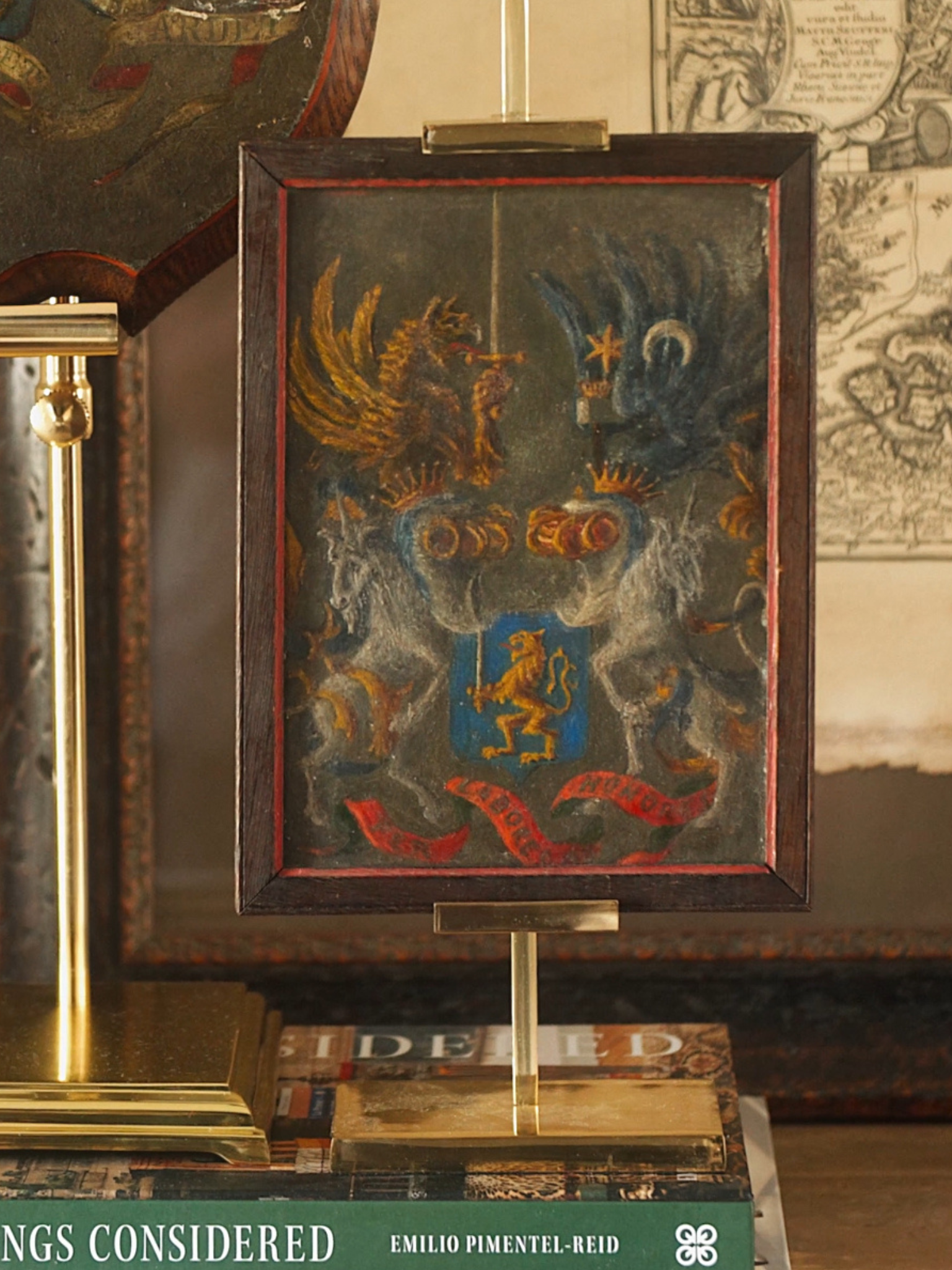 Antique Hand Painted Heraldic Wooden Crest in Frame
