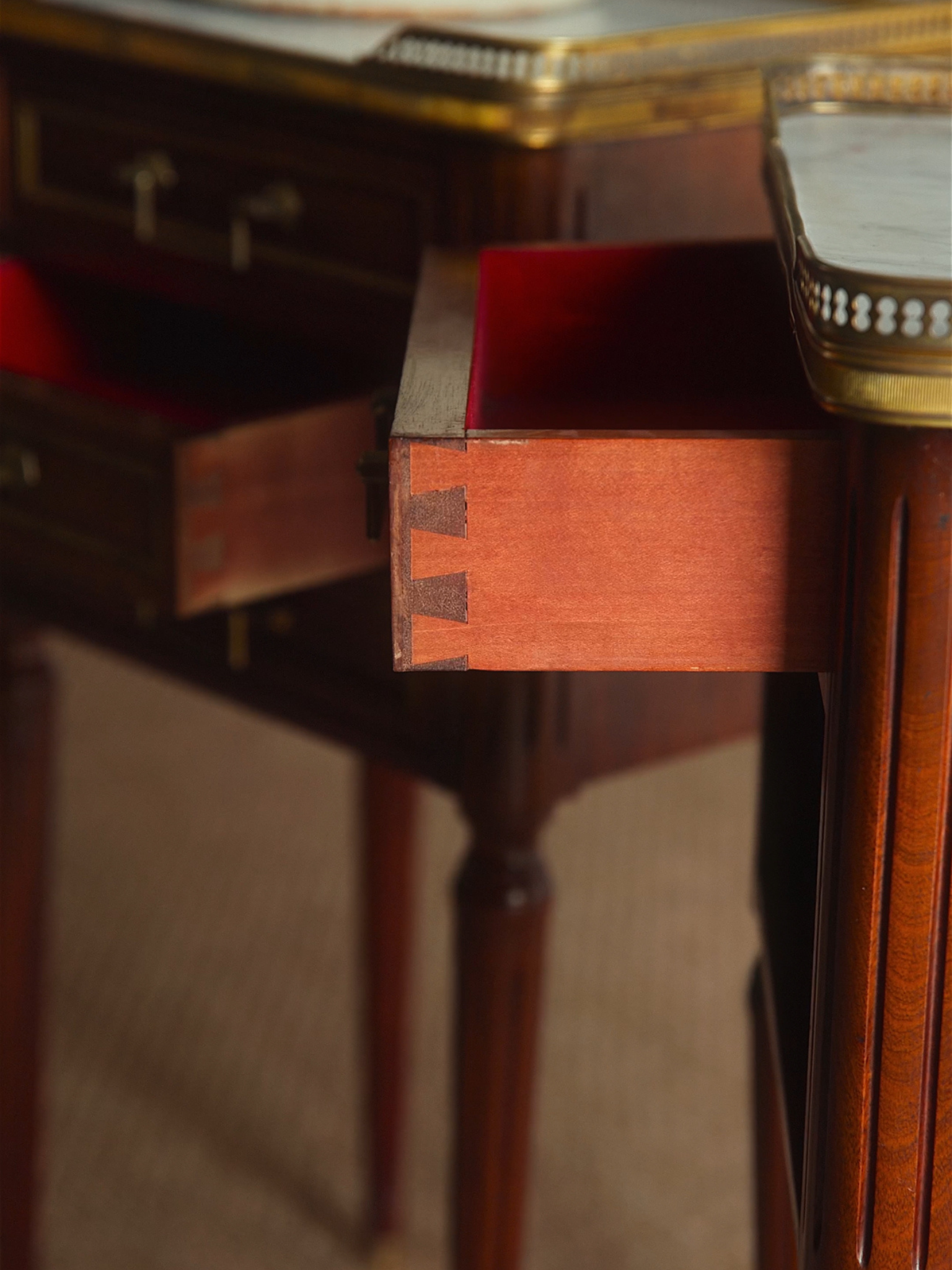 Pair of Louis XVI–Style Mahogany Nightstands with Carrara Marble Tops
