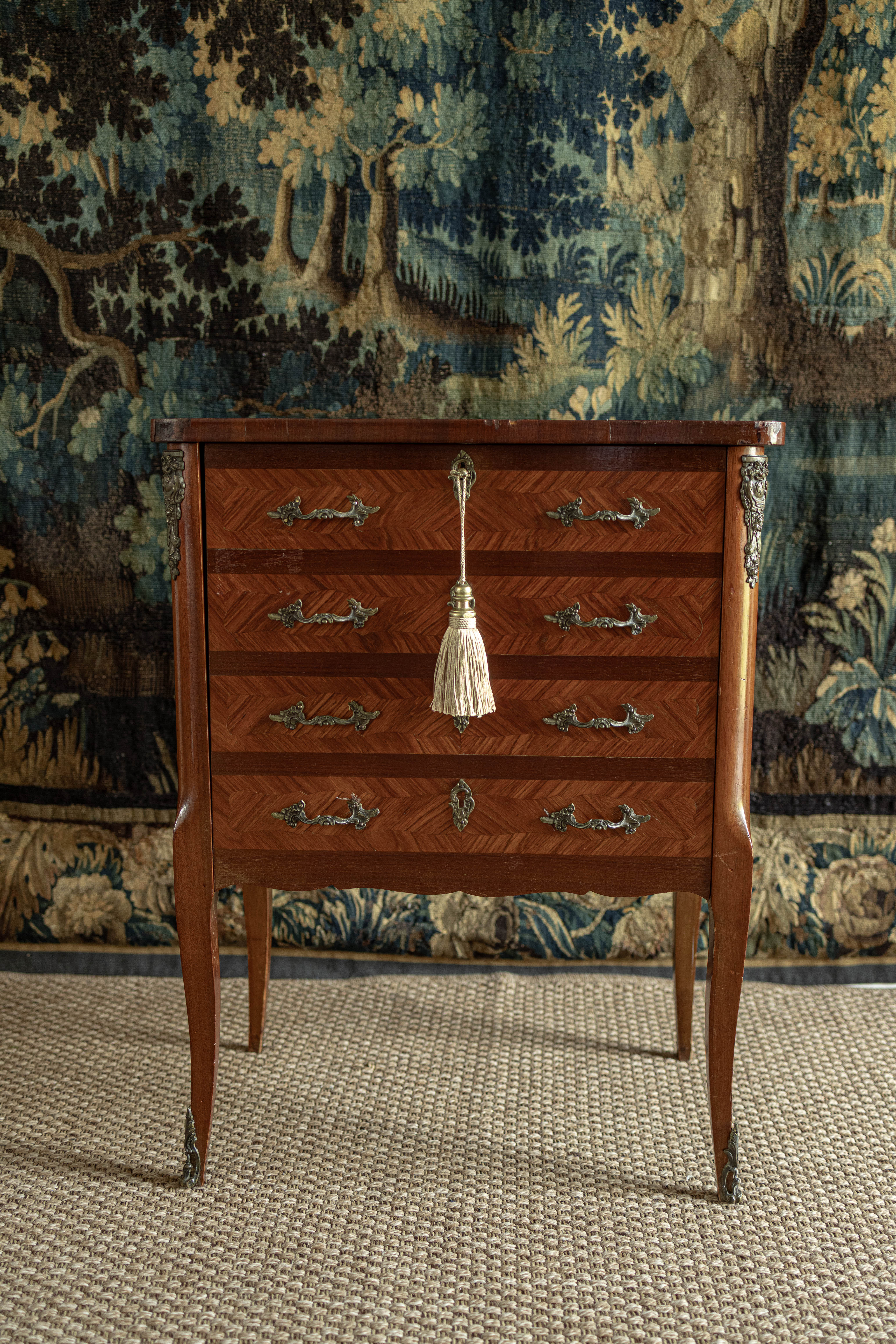 Petite French Marquetry Commode with Hidden Bar Interior