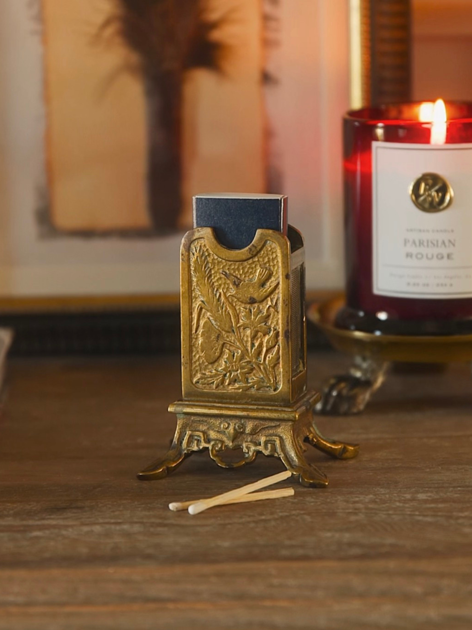 Late 19th–Early 20th Century French Gilt Brass Match Box Holder With Botanical Relief