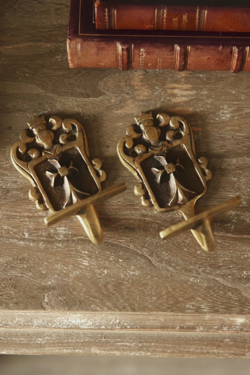 Pair of French Brass Heraldic Wall Hooks with Sheild Motif