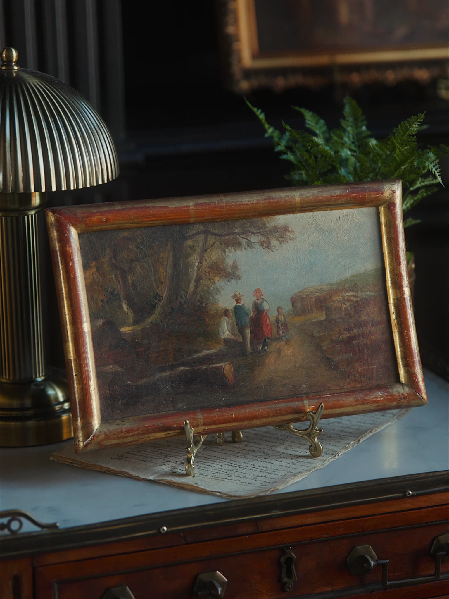 19th-Century European Pastoral Oil Painting — Figures Along a Country Path