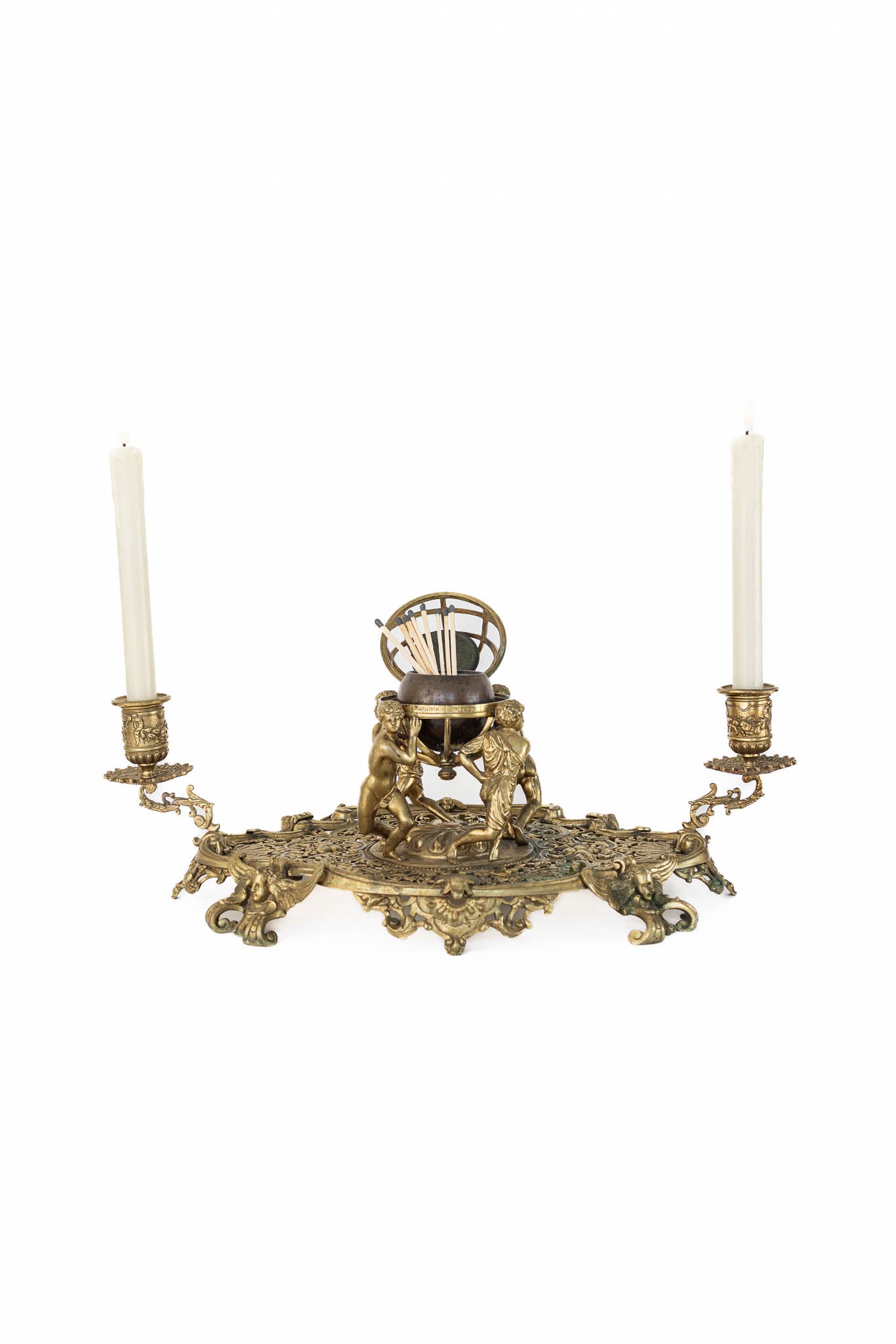 19th Century Gilded Globe Inkwell with Dual Candle Holders