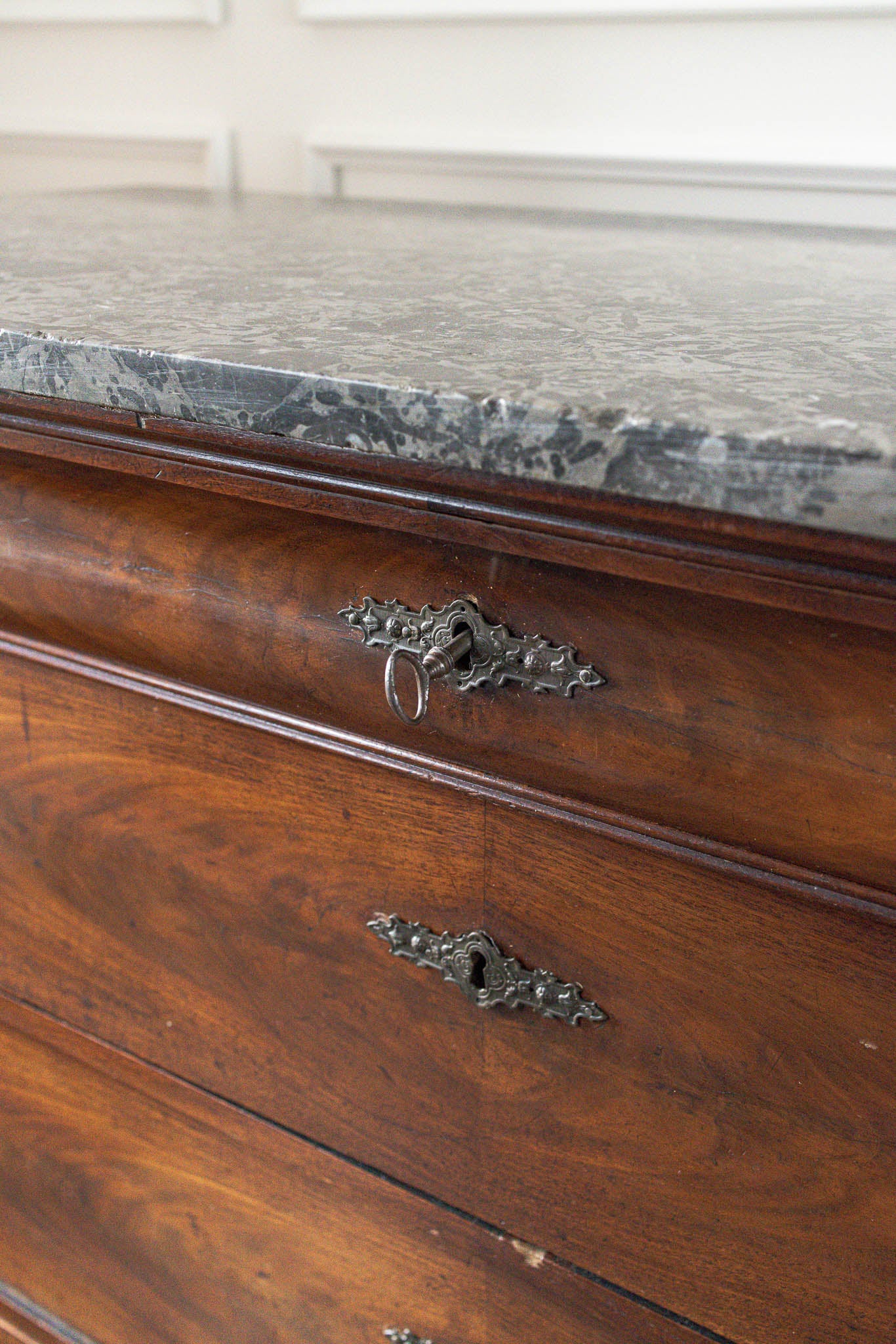 19th Century Black Marble Top Mahogany Commode with Ornate Bronze Detail