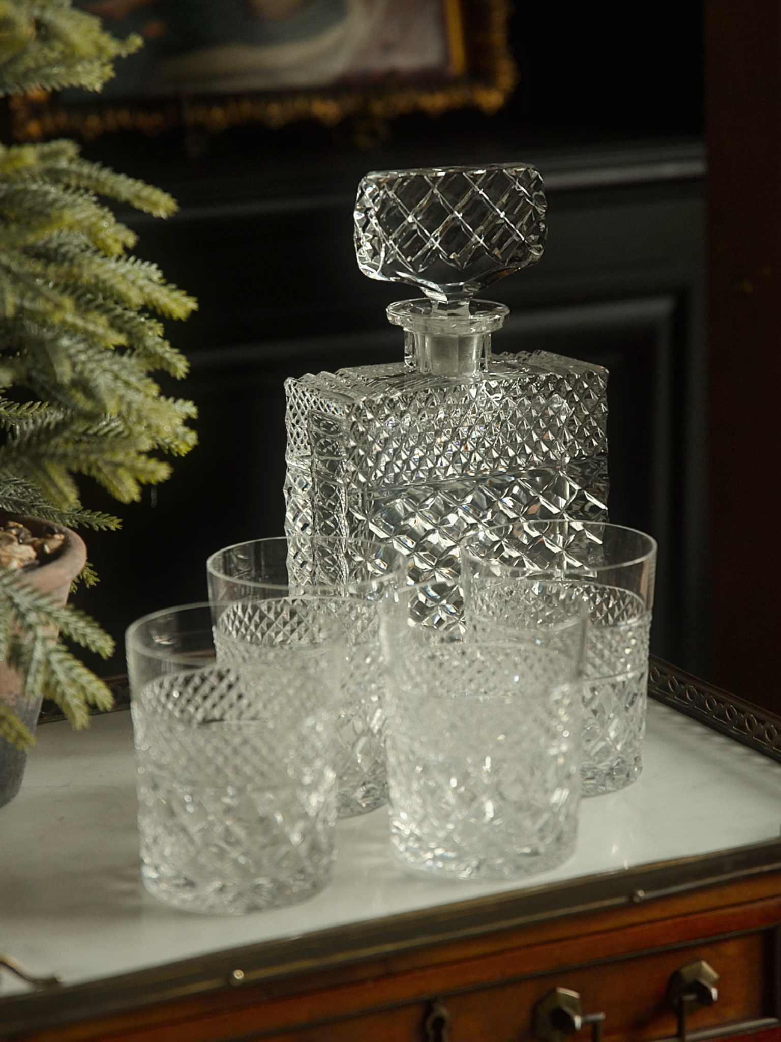 Cut Crystal Decanter Set with 4 Matching Tumblers