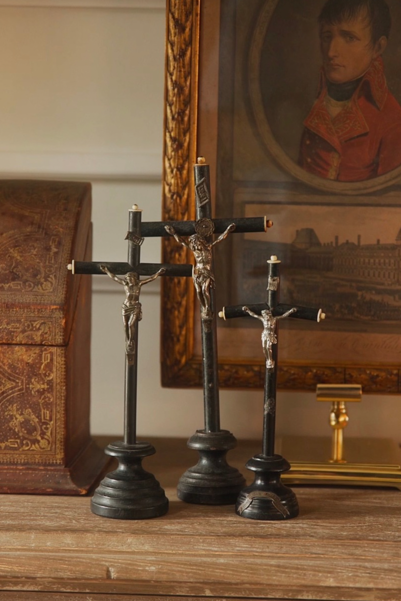 Set of Three French Napoleon III Ebonized Wood Standing Crucifixes