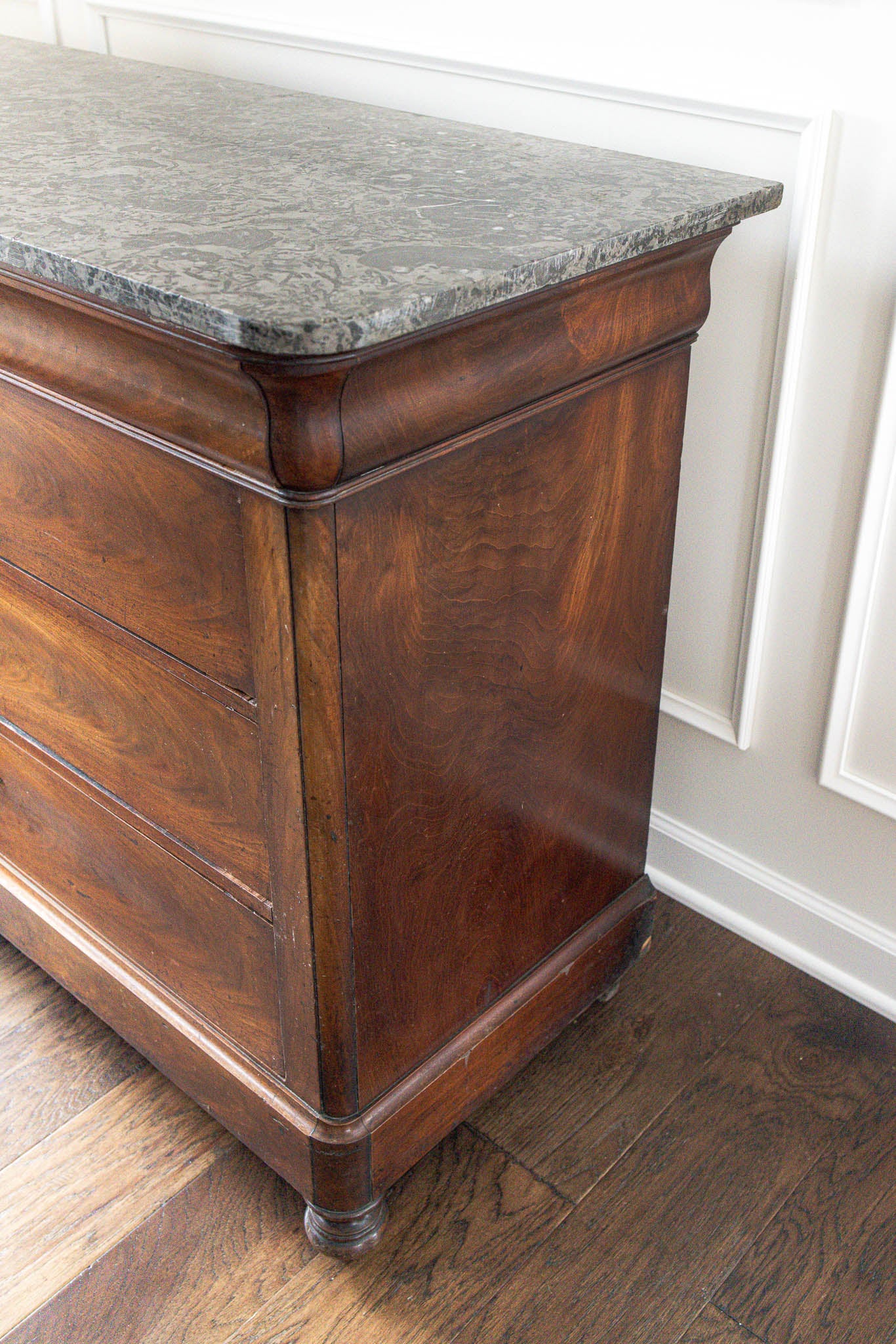 19th Century Black Marble Top Mahogany Commode with Ornate Bronze Detail